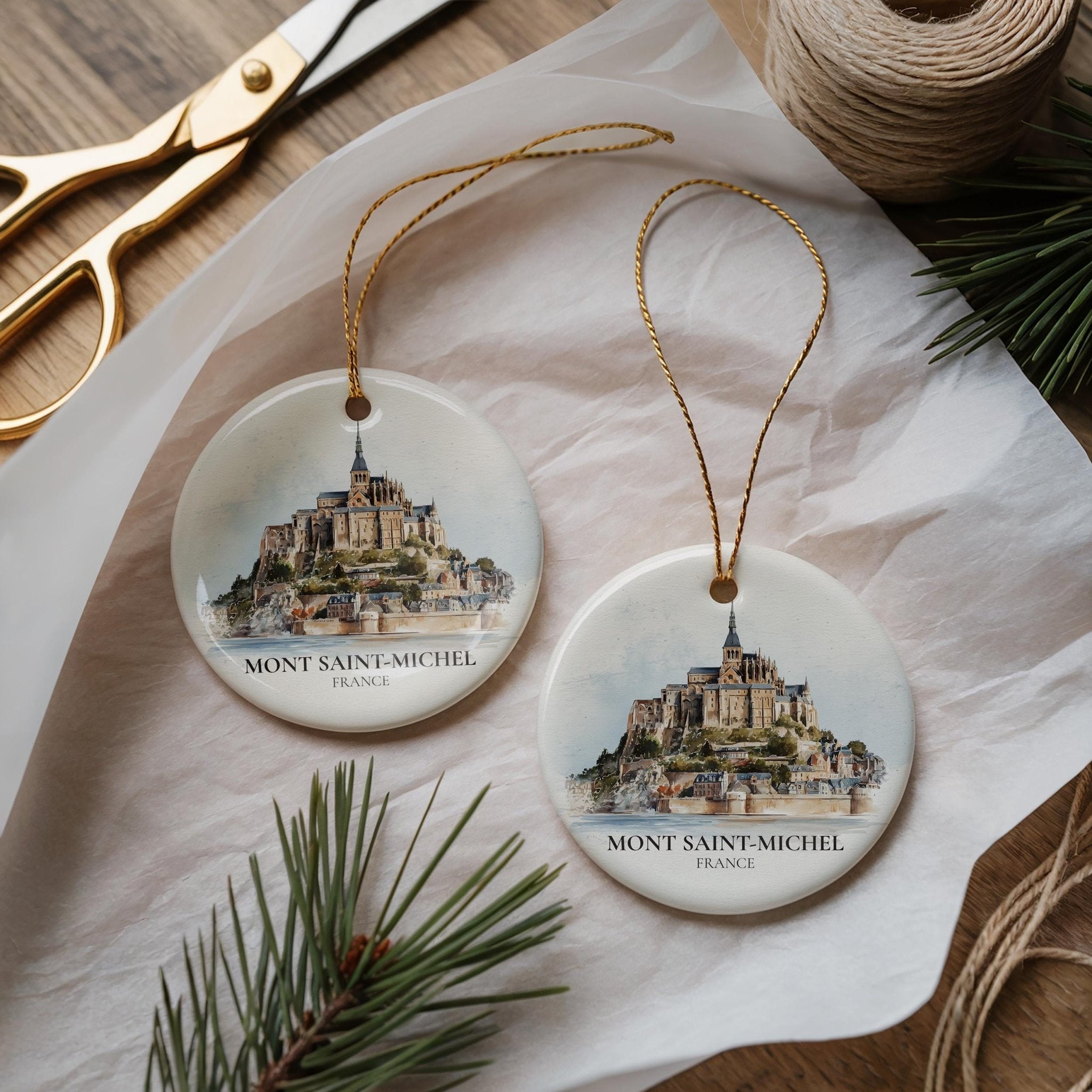 Mont Saint Michel France Personalized Watercolor Ornament, Custom Ceramic Christmas gift, Travel Keepsake - CuteBeePix