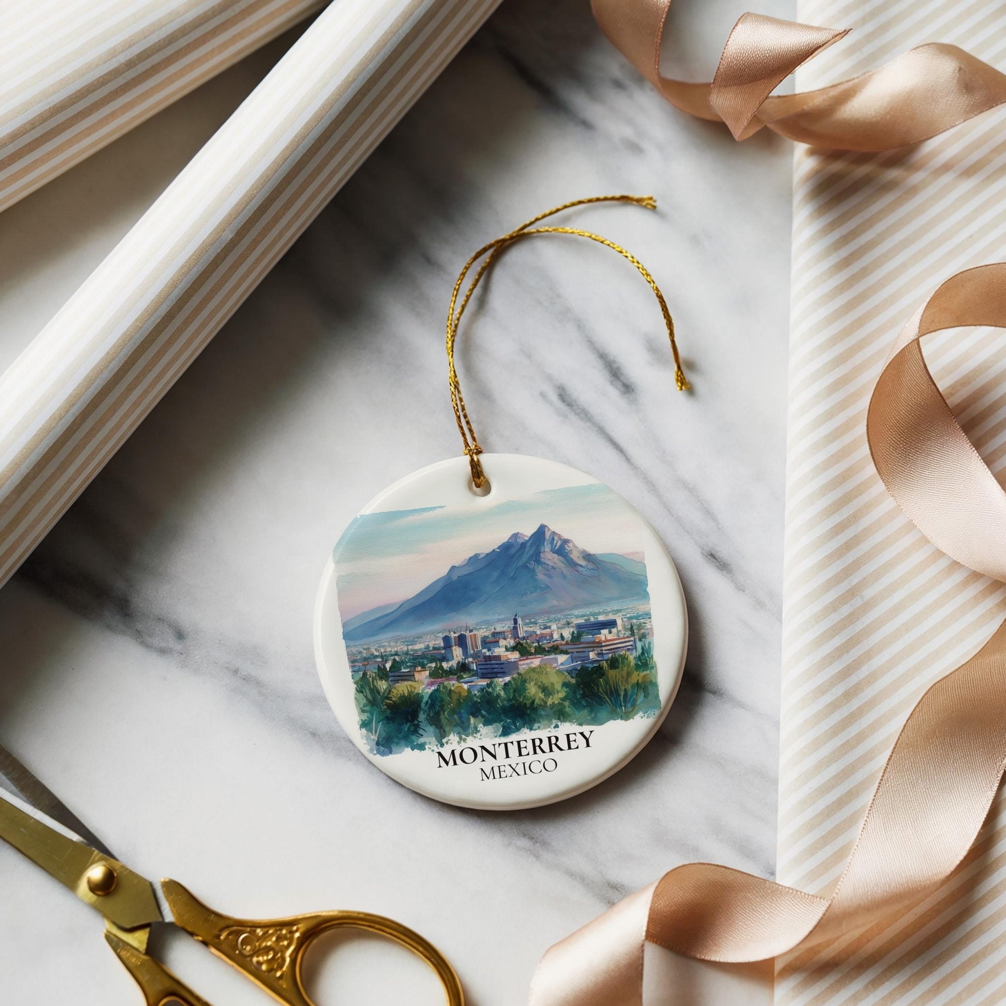 Monterrey Mexico Personalized Watercolor Ornament, Custom Ceramic Christmas gift, Travel Keepsake - CuteBeePix