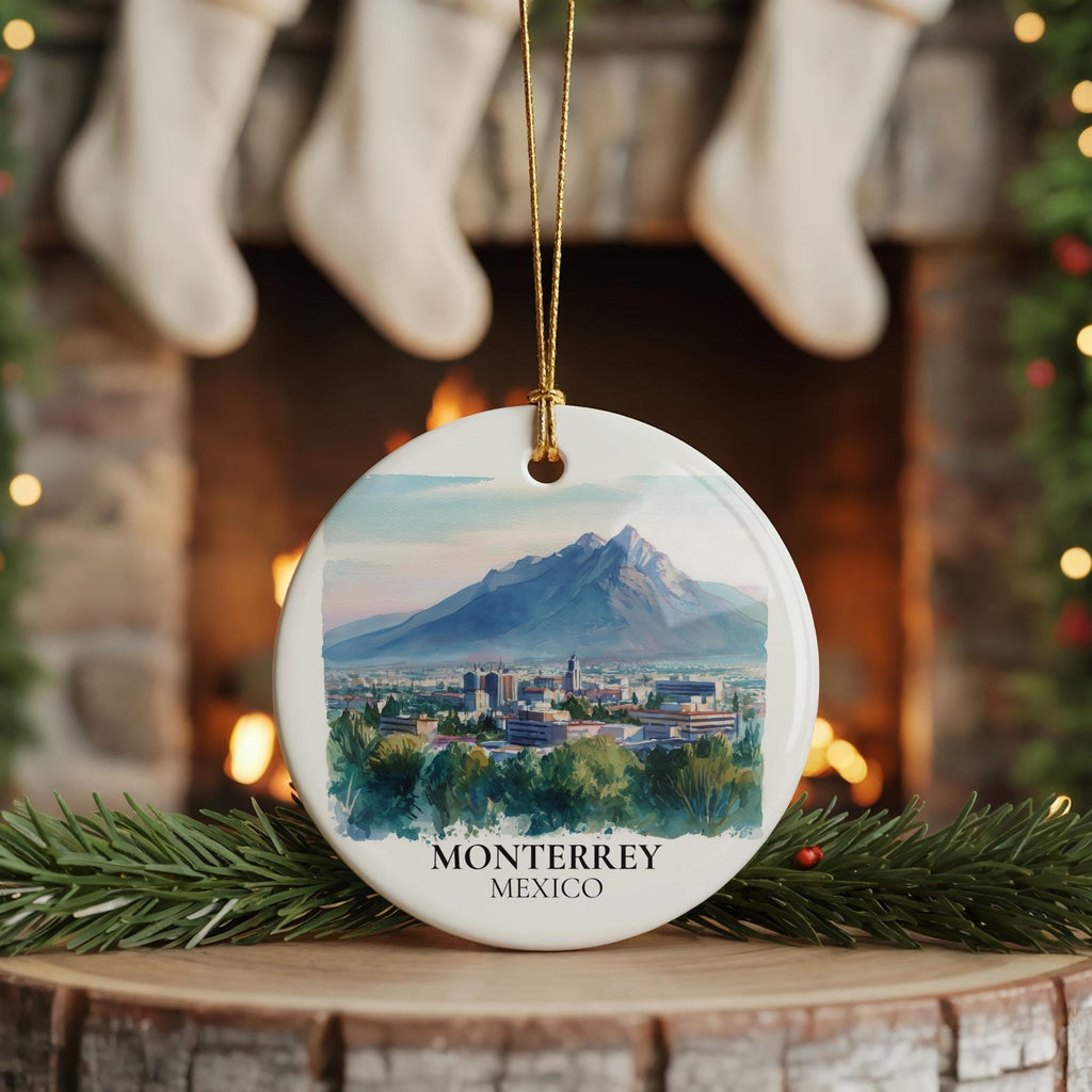 Monterrey Mexico Personalized Watercolor Ornament, Custom Ceramic Christmas gift, Travel Keepsake - CuteBeePix