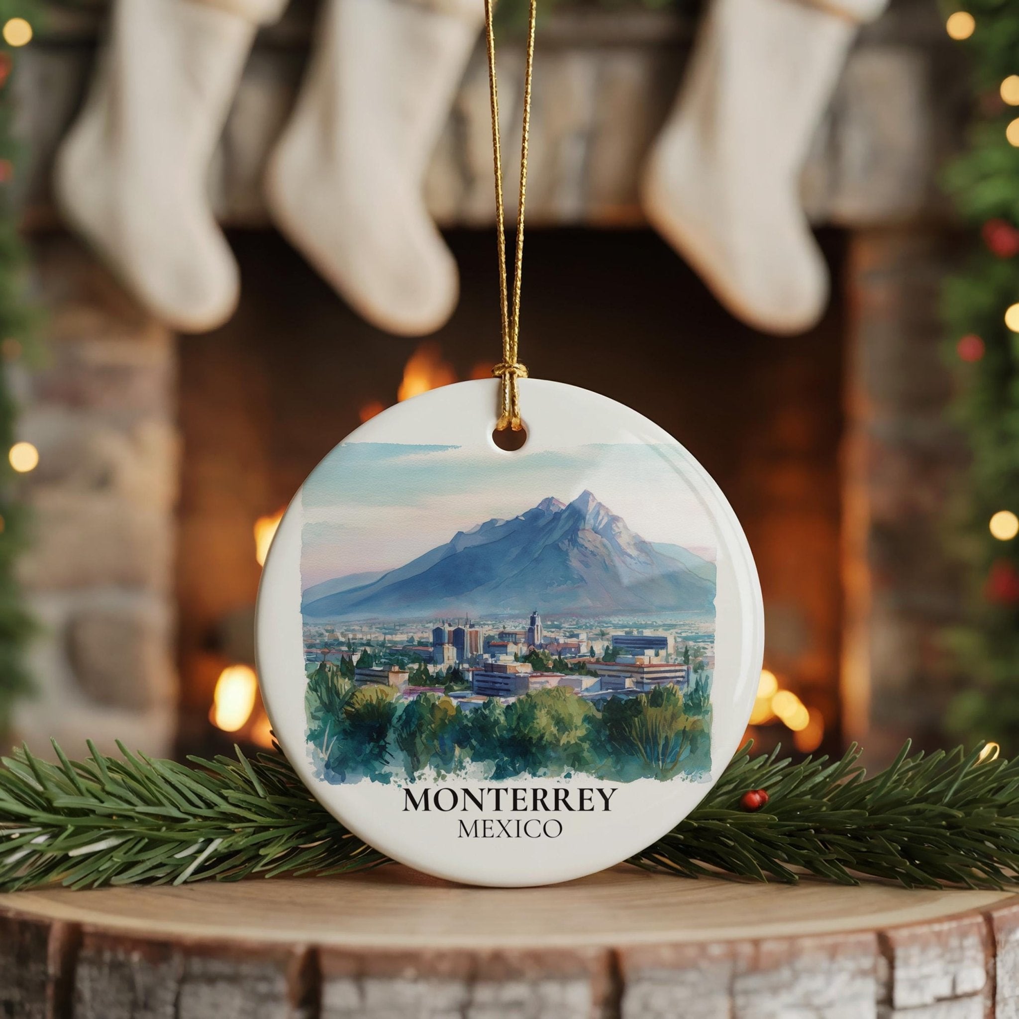 Monterrey Mexico Personalized Watercolor Ornament, Custom Ceramic Christmas gift, Travel Keepsake - CuteBeePix
