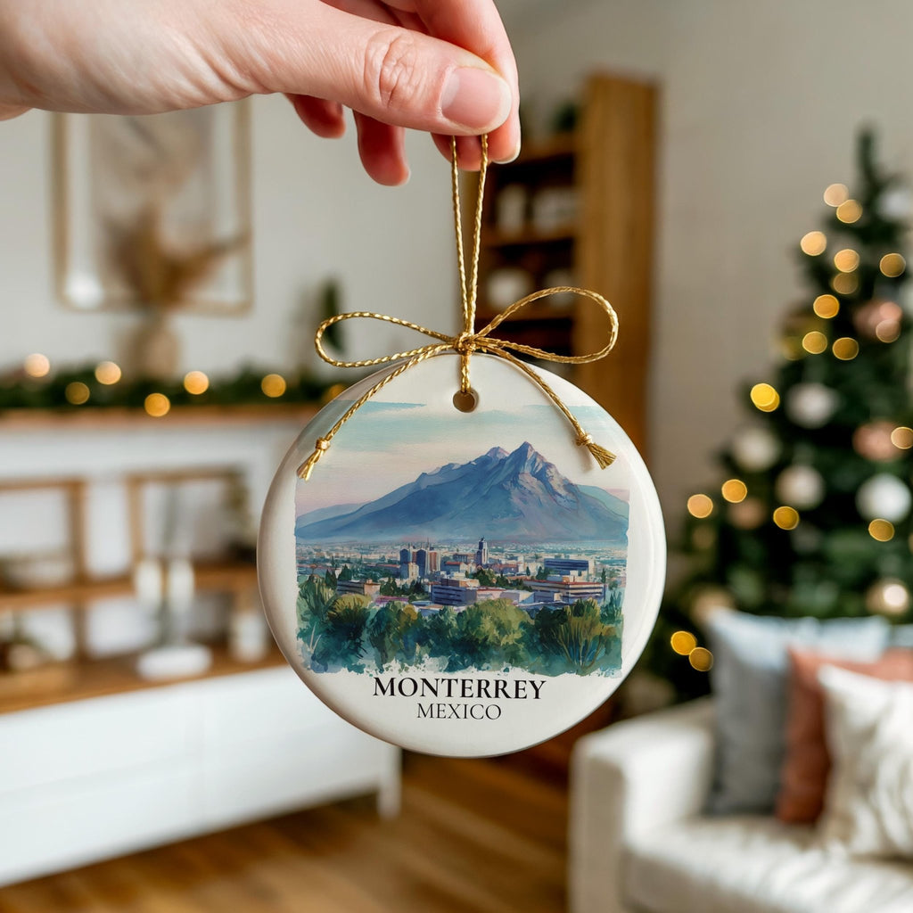 Monterrey Mexico Personalized Watercolor Ornament, Custom Ceramic Christmas gift, Travel Keepsake - CuteBeePix