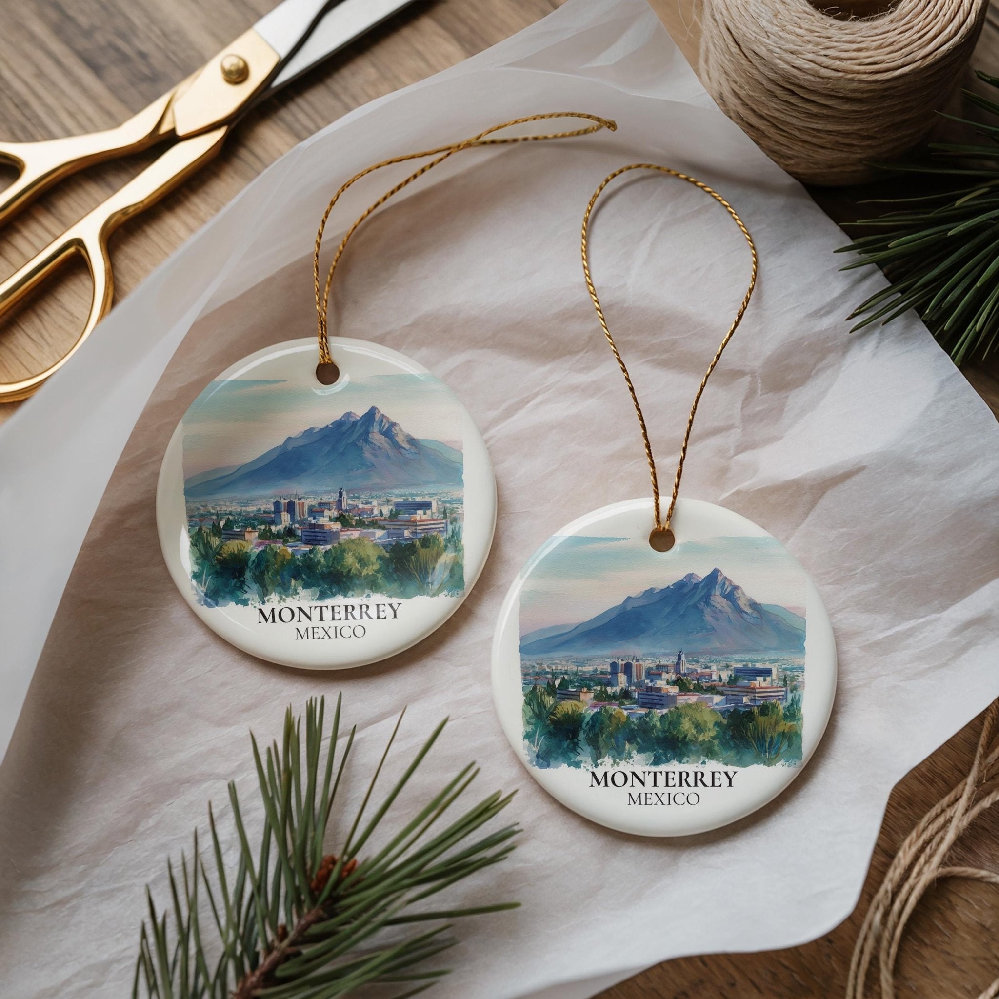 Monterrey Mexico Personalized Watercolor Ornament, Custom Ceramic Christmas gift, Travel Keepsake - CuteBeePix