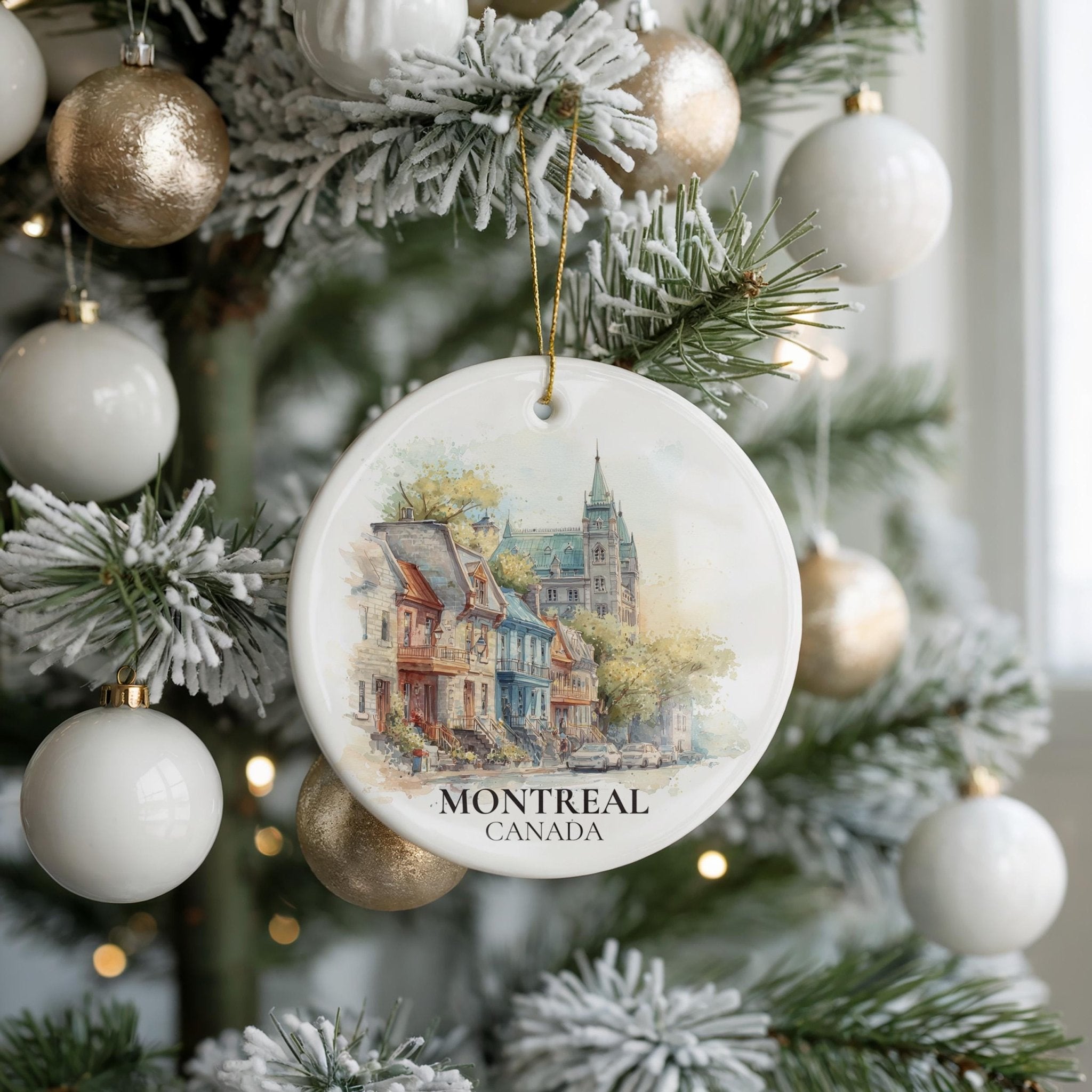 Montreal Quebec Personalized Watercolor Ornament, Custom Ceramic Christmas gift, Travel Keepsake - CuteBeePix
