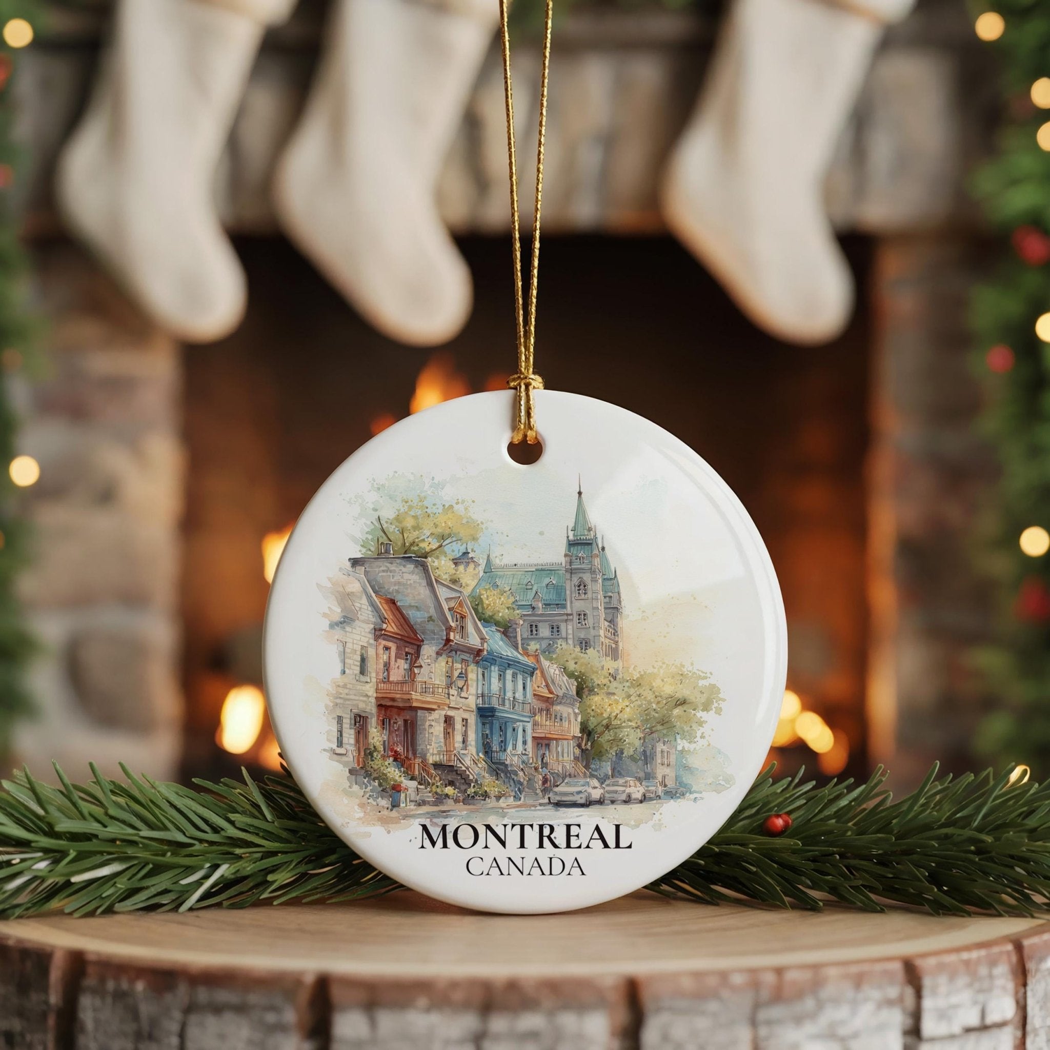 Montreal Quebec Personalized Watercolor Ornament, Custom Ceramic Christmas gift, Travel Keepsake - CuteBeePix