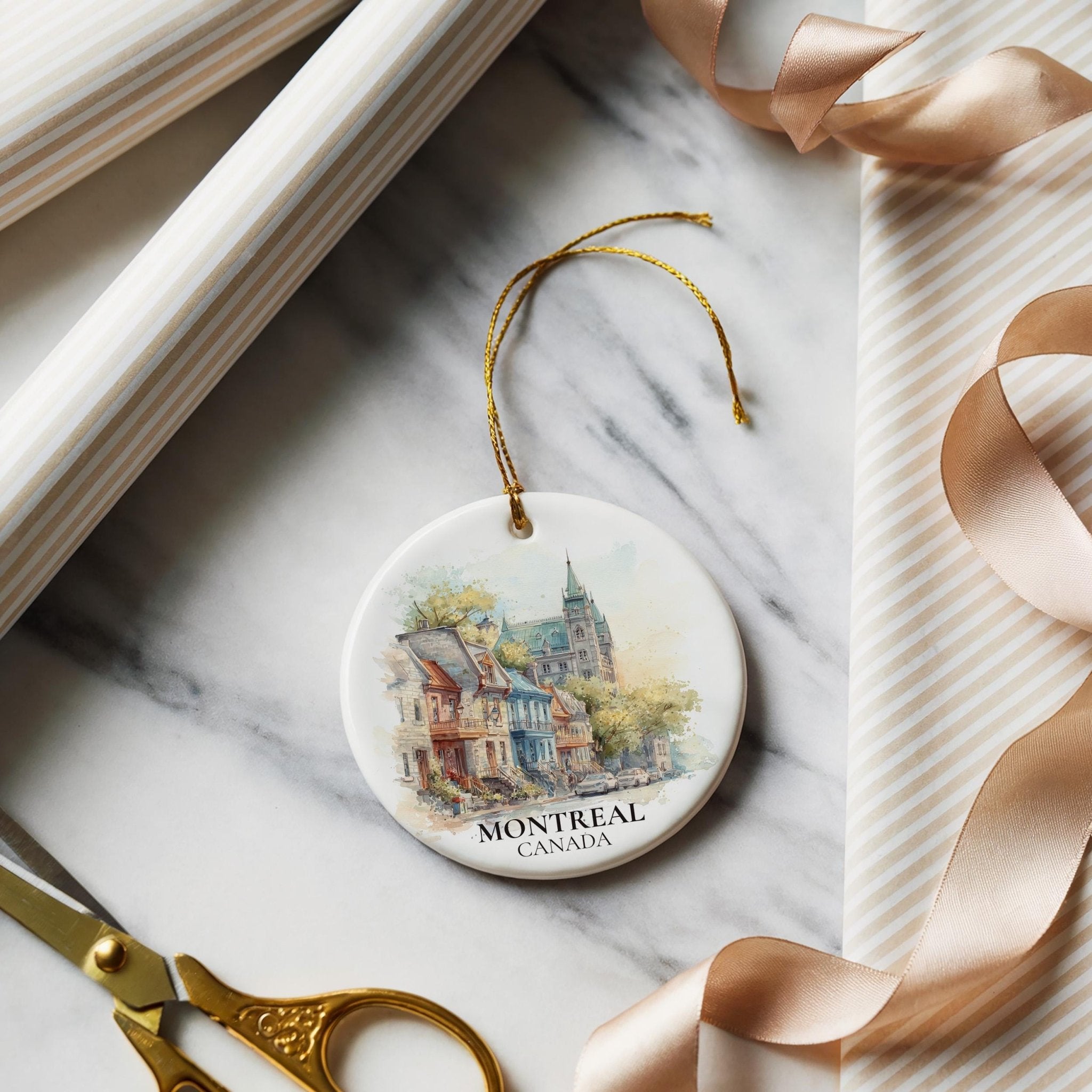 Montreal Quebec Personalized Watercolor Ornament, Custom Ceramic Christmas gift, Travel Keepsake - CuteBeePix