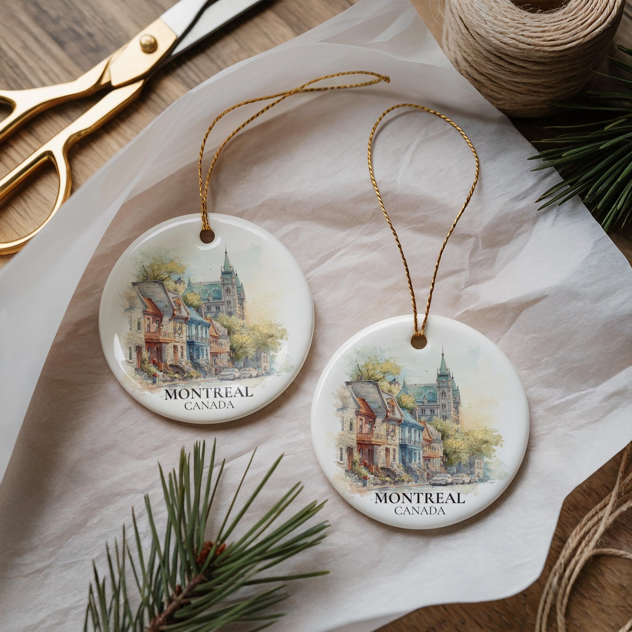 Montreal Quebec Personalized Watercolor Ornament, Custom Ceramic Christmas gift, Travel Keepsake - CuteBeePix