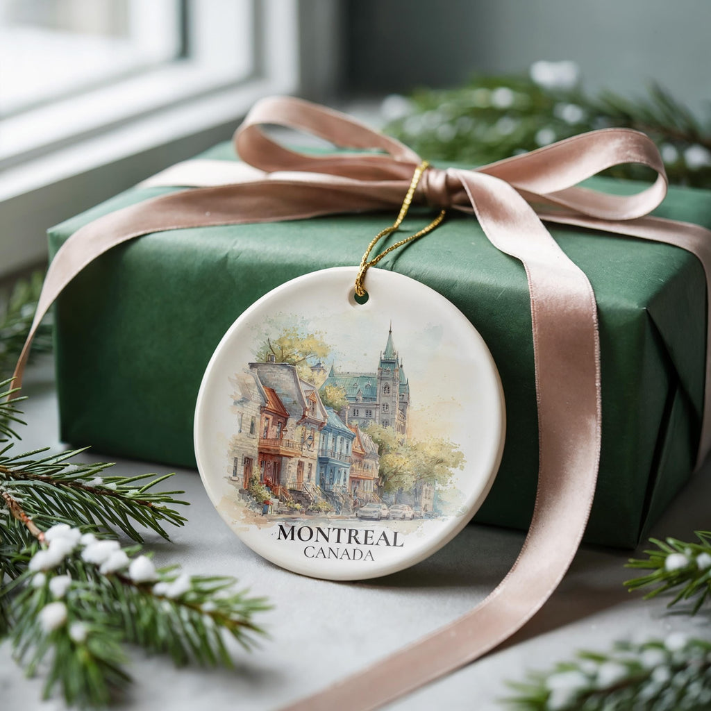 Montreal Quebec Personalized Watercolor Ornament, Custom Ceramic Christmas gift, Travel Keepsake - CuteBeePix