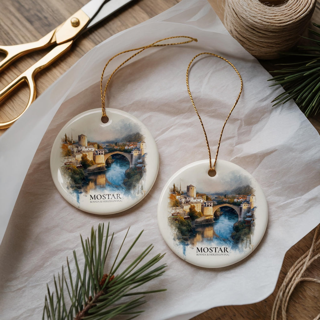 Mostar Bosnia Herzegovina Personalized Watercolor Ornament, Custom Ceramic Christmas gift, Travel Keepsake - CuteBeePix
