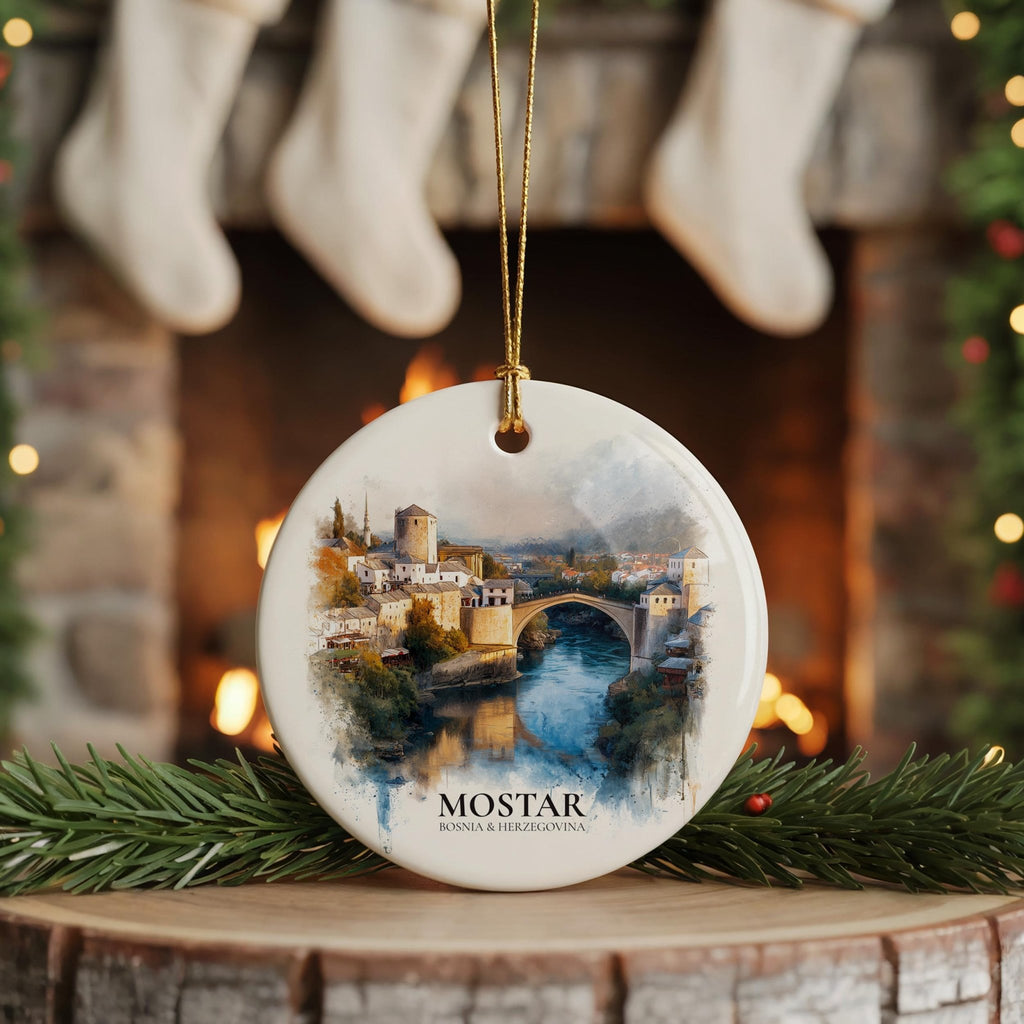 Mostar Bosnia Herzegovina Personalized Watercolor Ornament, Custom Ceramic Christmas gift, Travel Keepsake - CuteBeePix