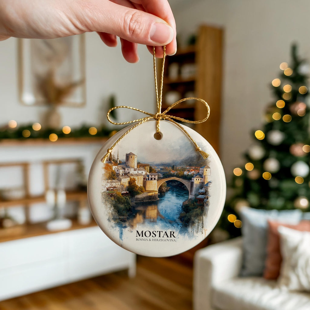 Mostar Bosnia Herzegovina Personalized Watercolor Ornament, Custom Ceramic Christmas gift, Travel Keepsake - CuteBeePix