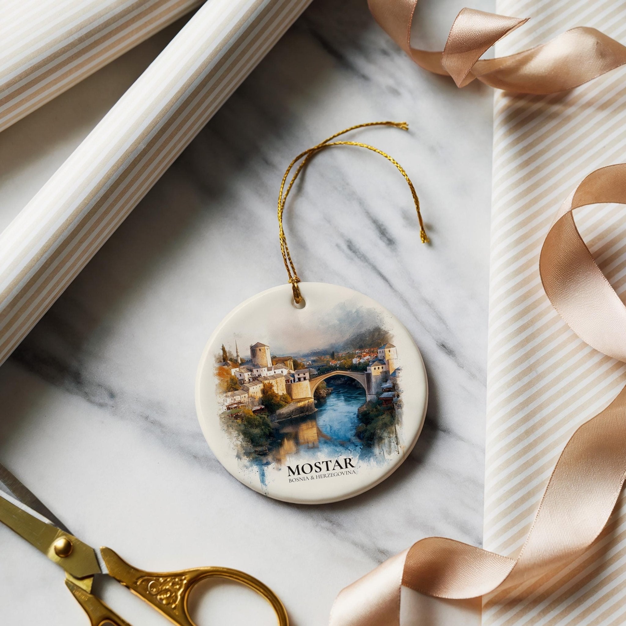 Mostar Bosnia Herzegovina Personalized Watercolor Ornament, Custom Ceramic Christmas gift, Travel Keepsake - CuteBeePix