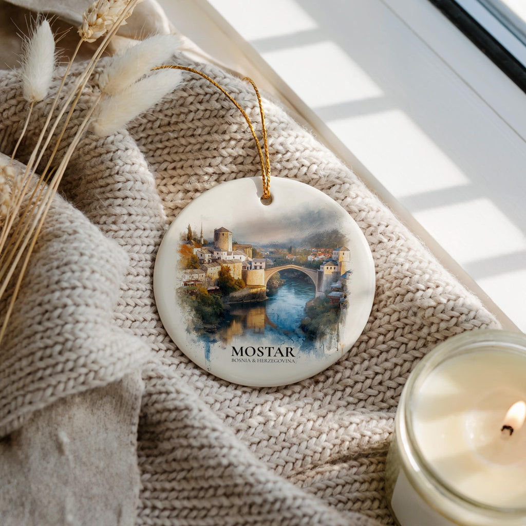 Mostar Bosnia Herzegovina Personalized Watercolor Ornament, Custom Ceramic Christmas gift, Travel Keepsake - CuteBeePix