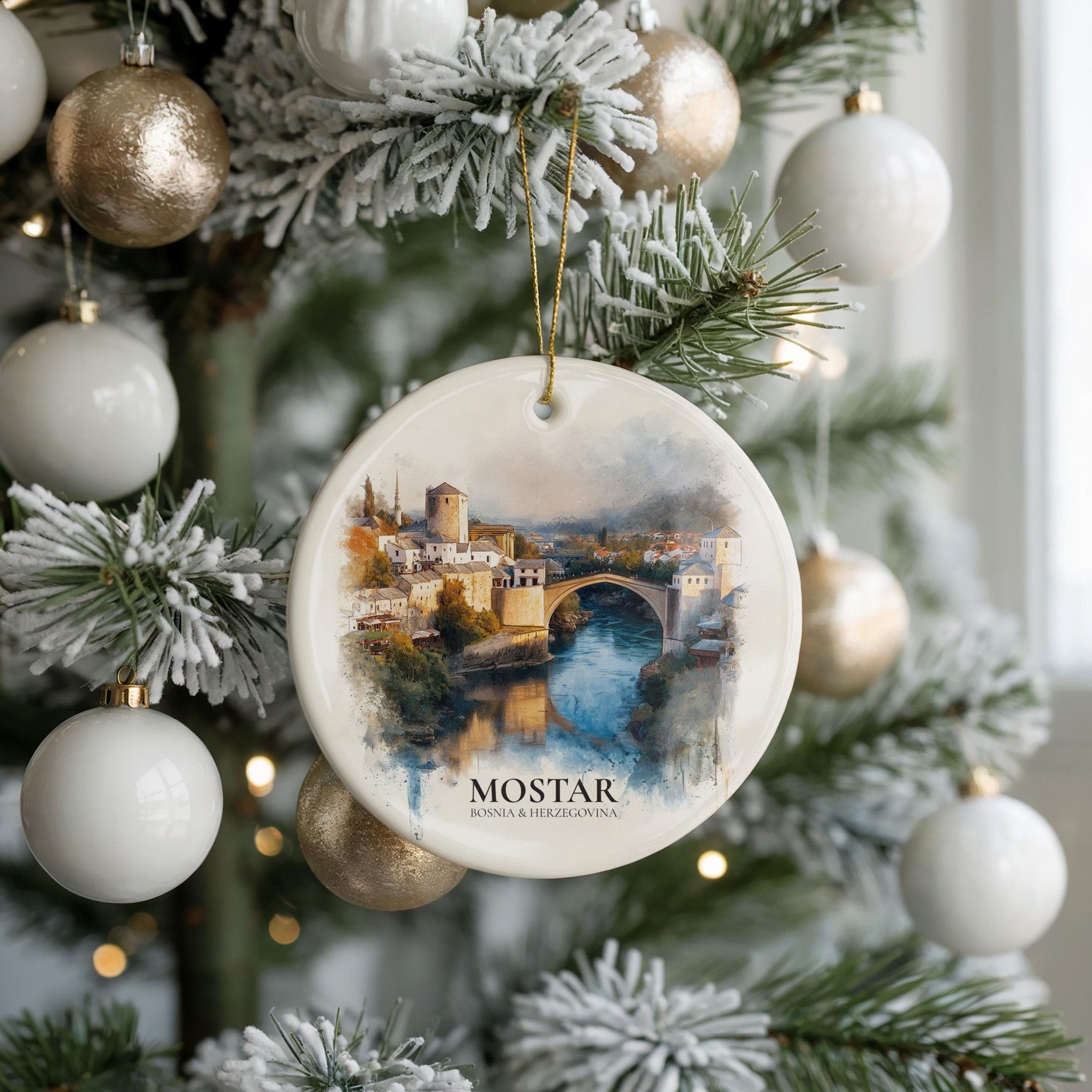 Mostar Bosnia Herzegovina Personalized Watercolor Ornament, Custom Ceramic Christmas gift, Travel Keepsake - CuteBeePix
