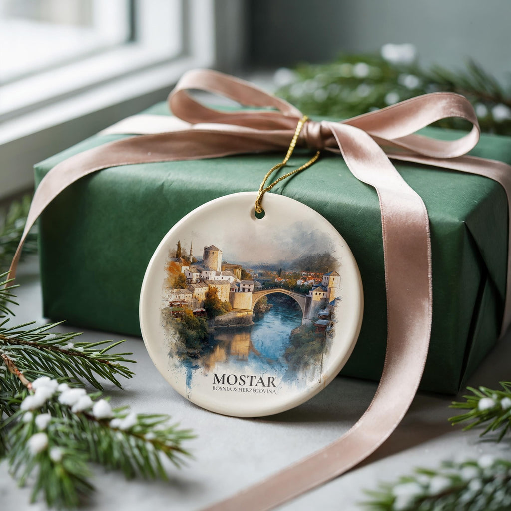 Mostar Bosnia Herzegovina Personalized Watercolor Ornament, Custom Ceramic Christmas gift, Travel Keepsake - CuteBeePix