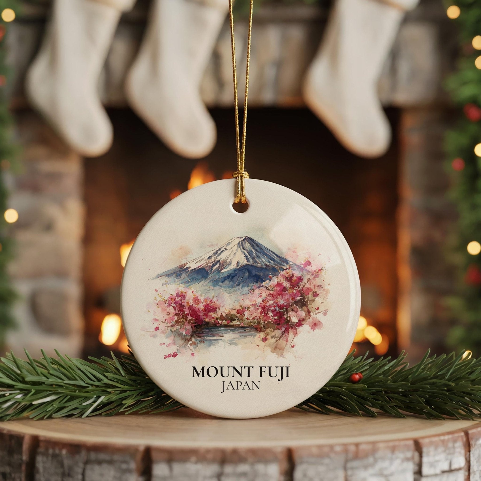Mount Fuji Japan Personalized Watercolor Ornament, Custom Ceramic Christmas gift, Travel Keepsake - CuteBeePix