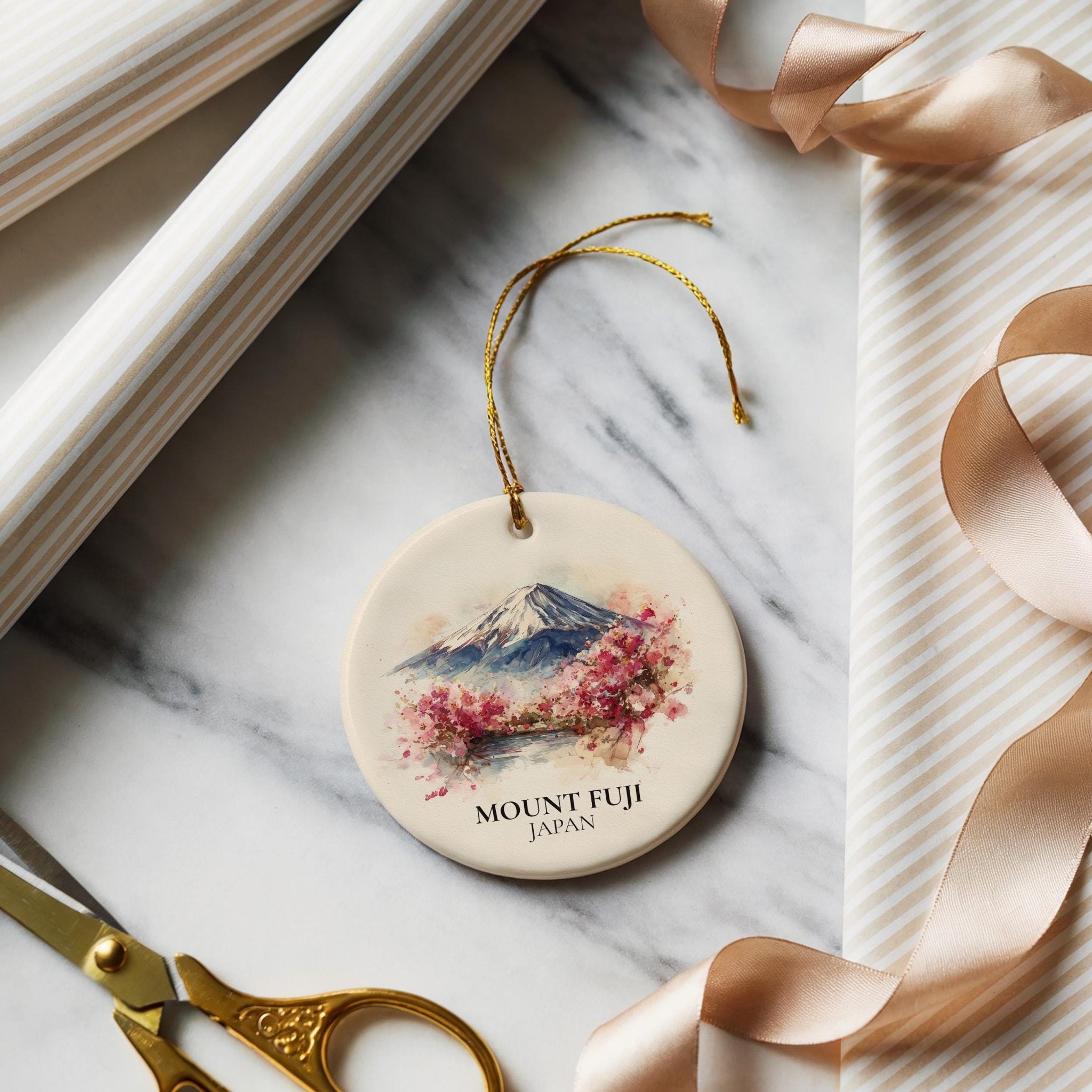 Mount Fuji Japan Personalized Watercolor Ornament, Custom Ceramic Christmas gift, Travel Keepsake - CuteBeePix
