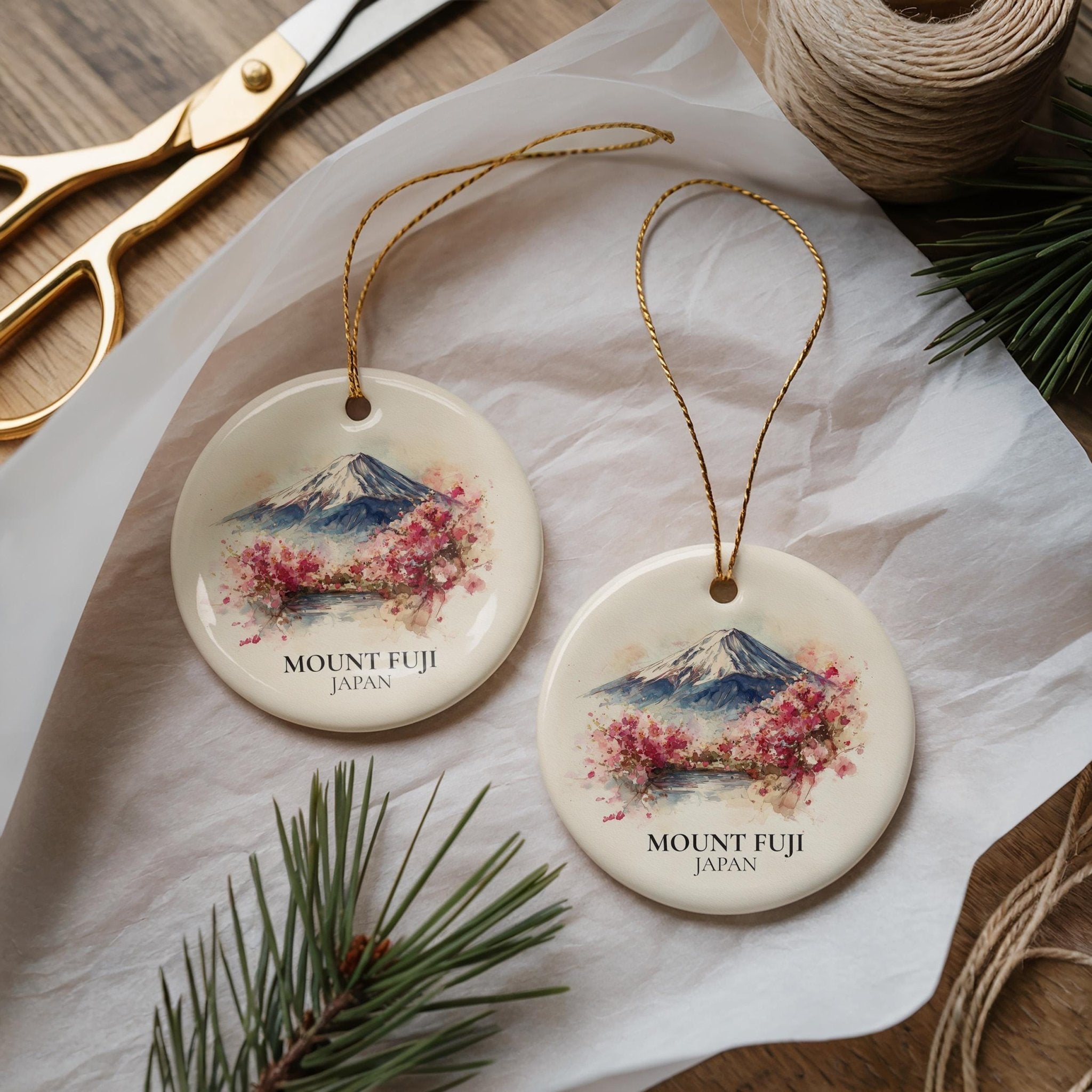 Mount Fuji Japan Personalized Watercolor Ornament, Custom Ceramic Christmas gift, Travel Keepsake - CuteBeePix