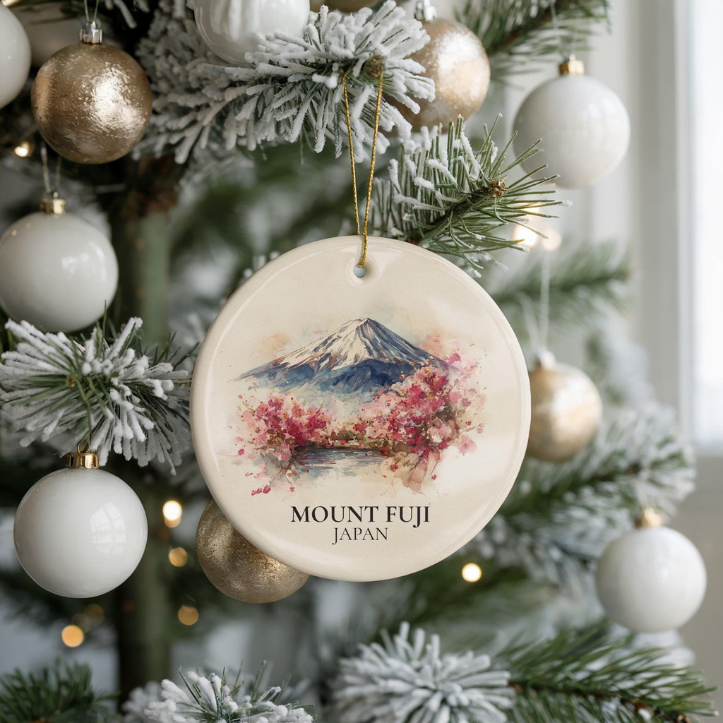 Mount Fuji Japan Personalized Watercolor Ornament, Custom Ceramic Christmas gift, Travel Keepsake - CuteBeePix