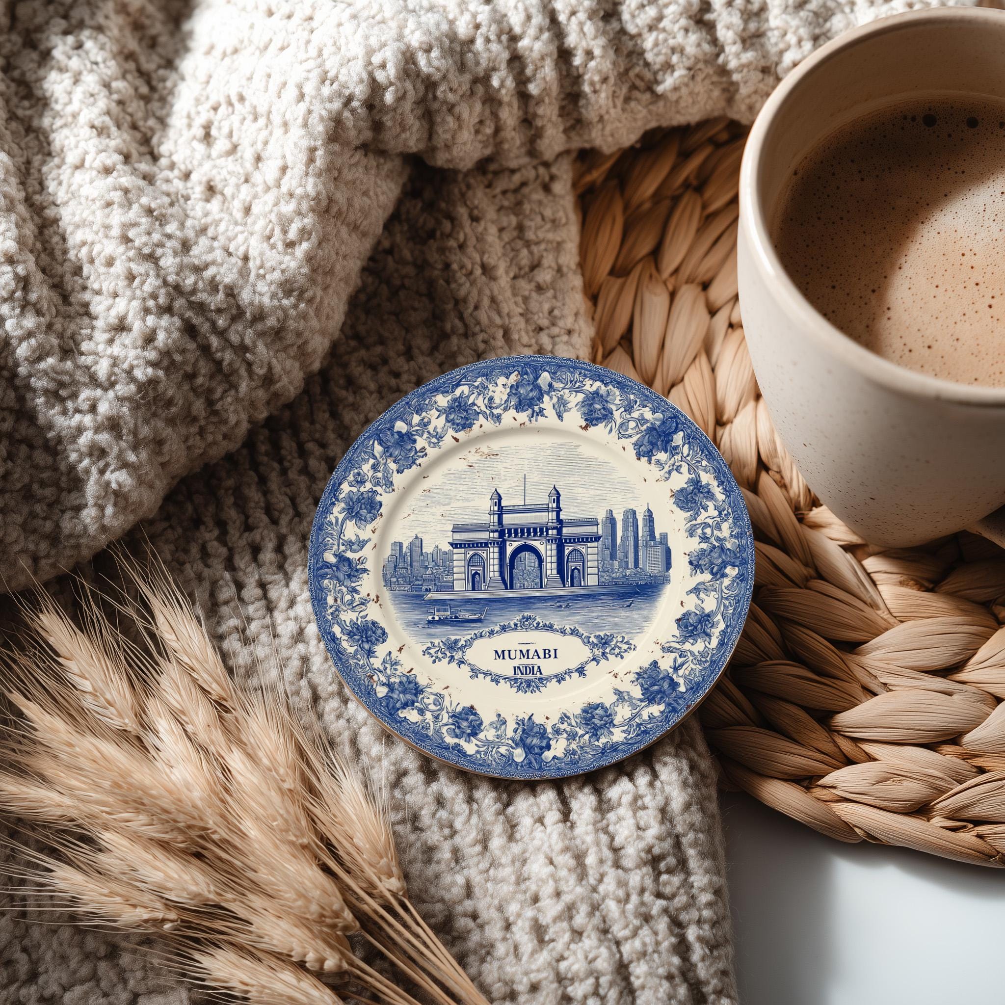 Mumbai India Delftware Ceramic Coaster, Blue White Travel Gift, Vintage Home Decor Collectible - CuteBeePix