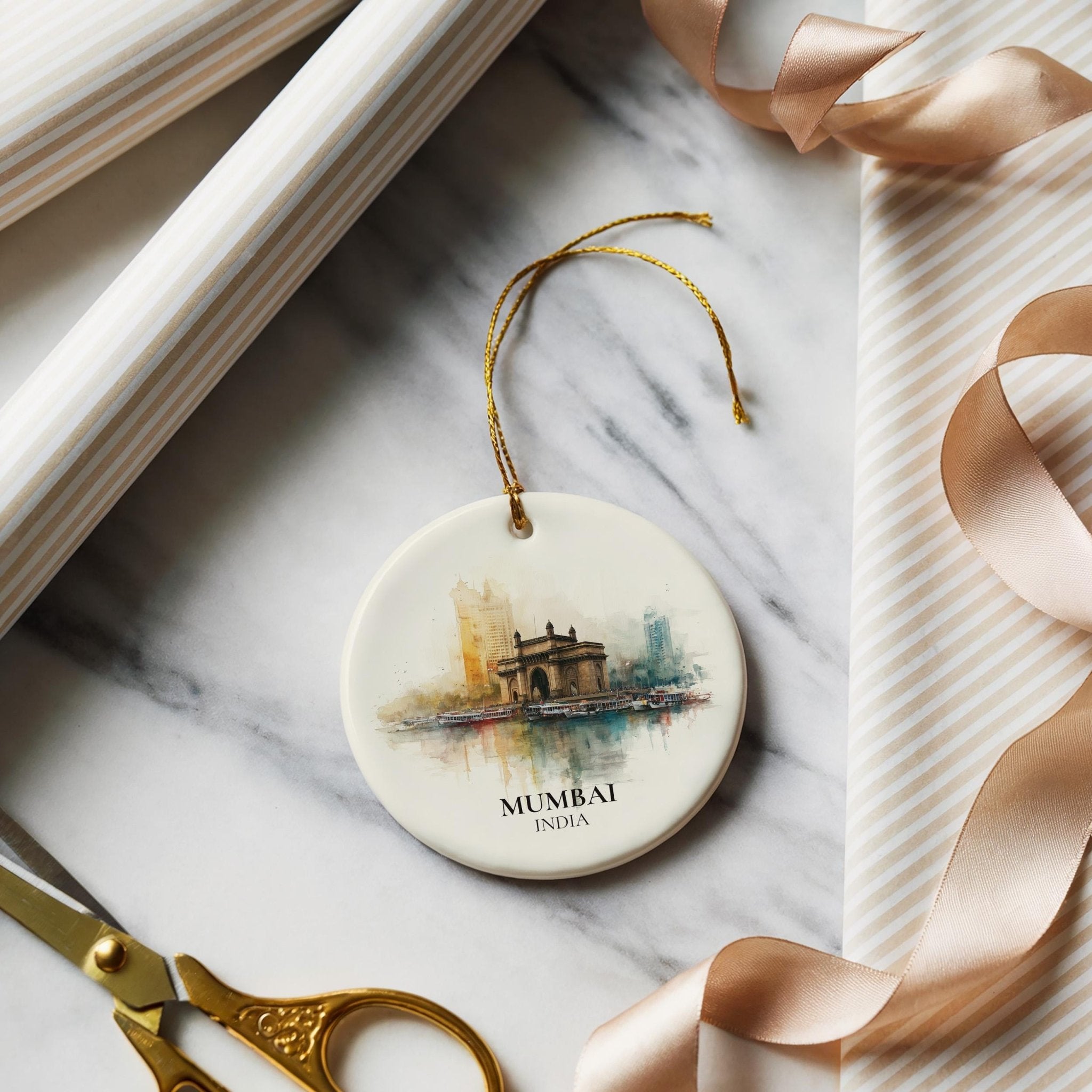 Mumbai India Personalized Watercolor Ornament, Custom Ceramic Christmas gift, Travel Keepsake - CuteBeePix