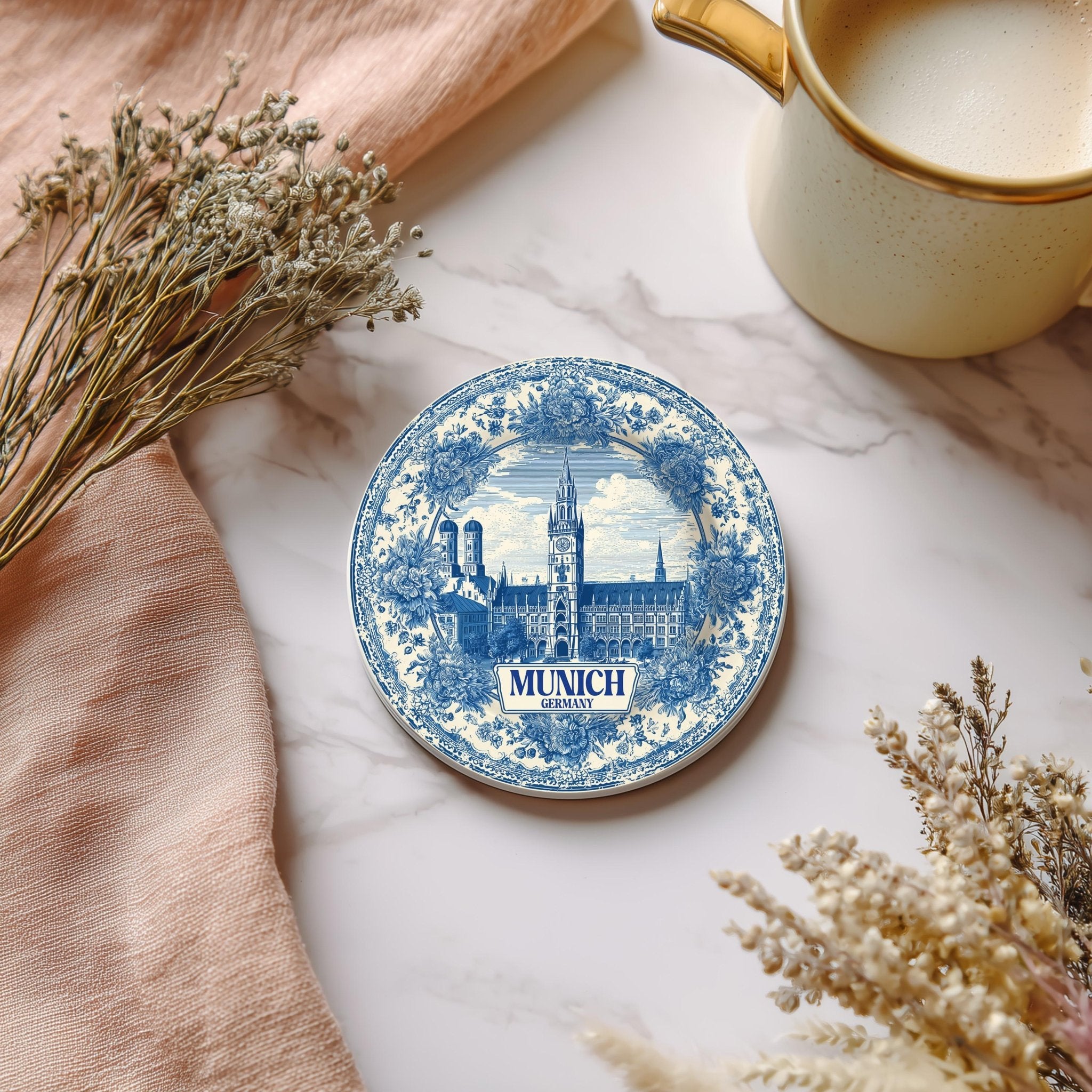 Munich Germany Delftware Ceramic Coaster, Blue White Travel Gift, Vintage Home Decor Collectible - CuteBeePix