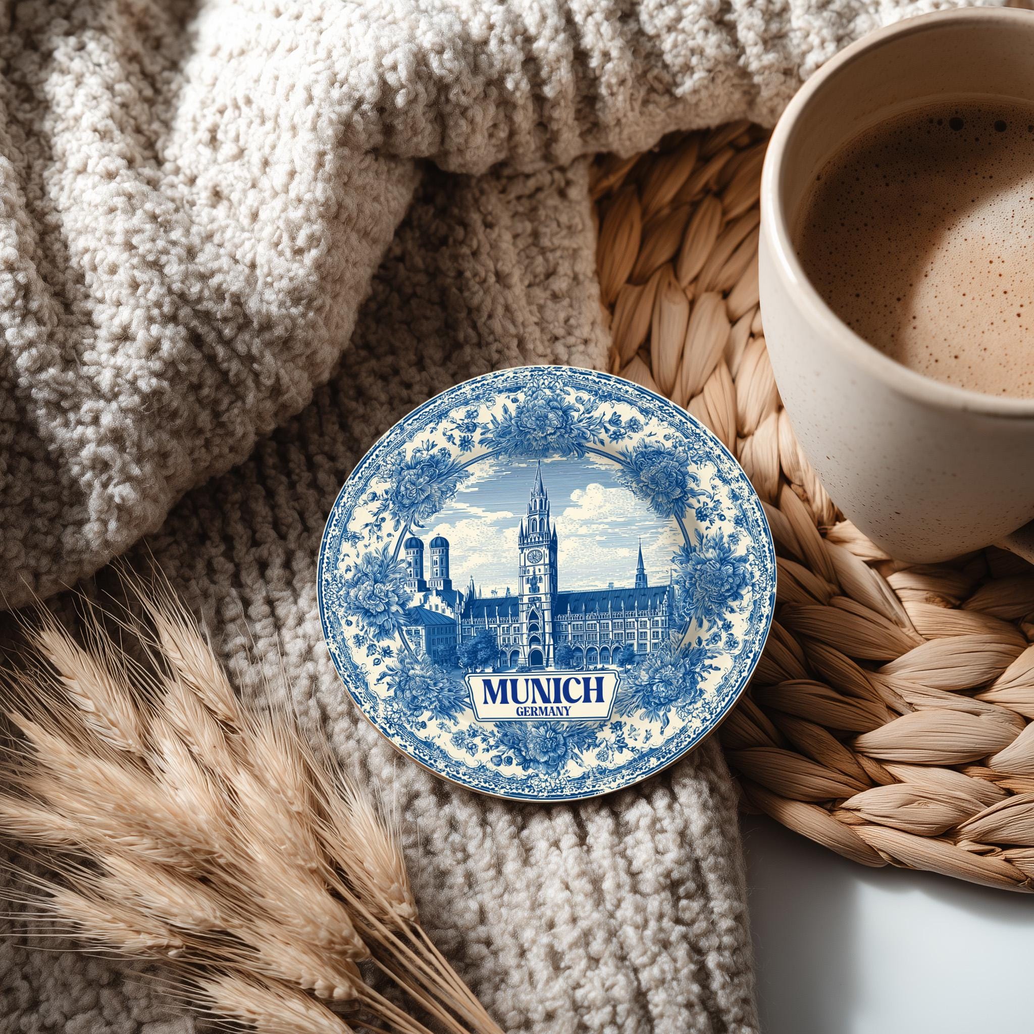 Munich Germany Delftware Ceramic Coaster, Blue White Travel Gift, Vintage Home Decor Collectible - CuteBeePix