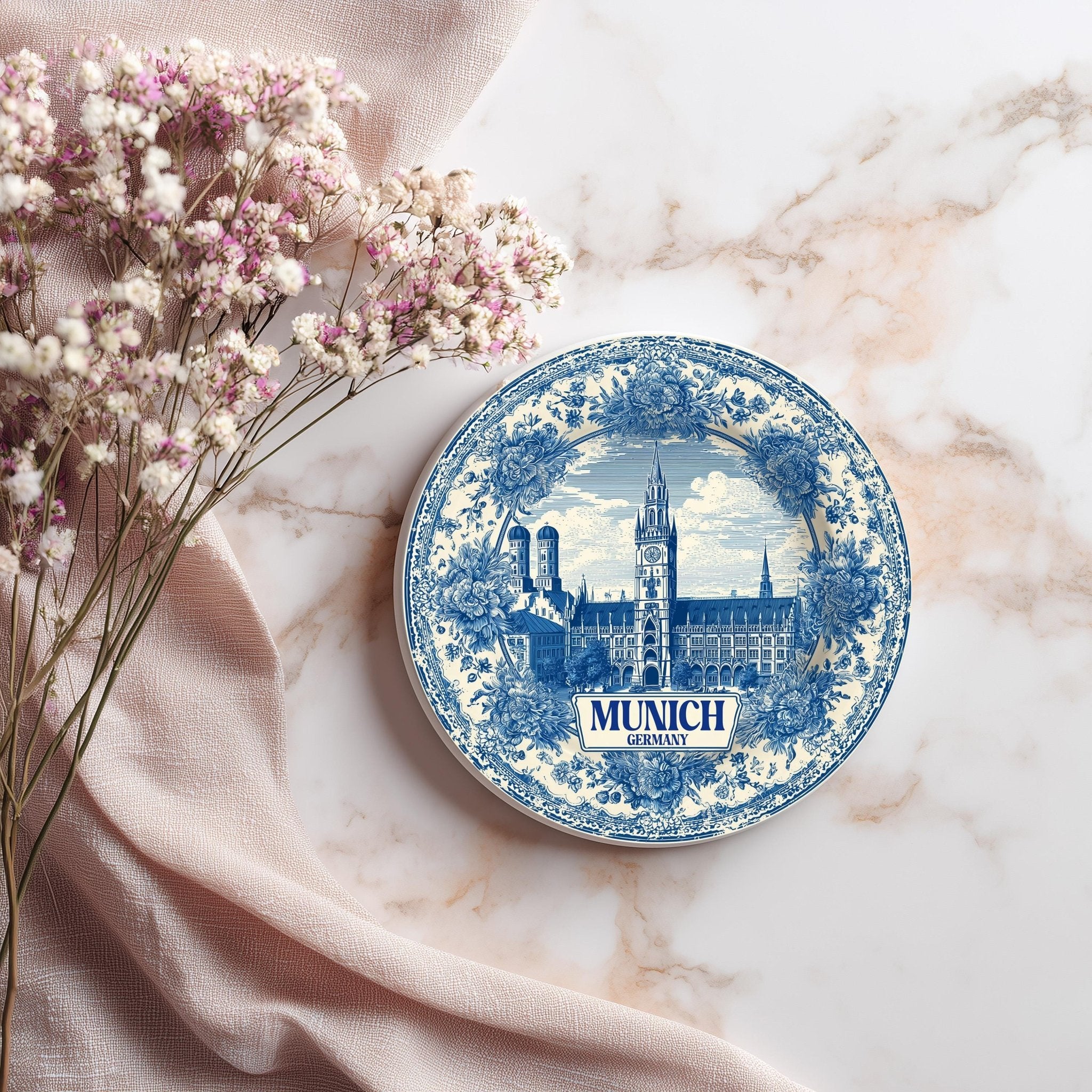 Munich Germany Delftware Ceramic Coaster, Blue White Travel Gift, Vintage Home Decor Collectible - CuteBeePix
