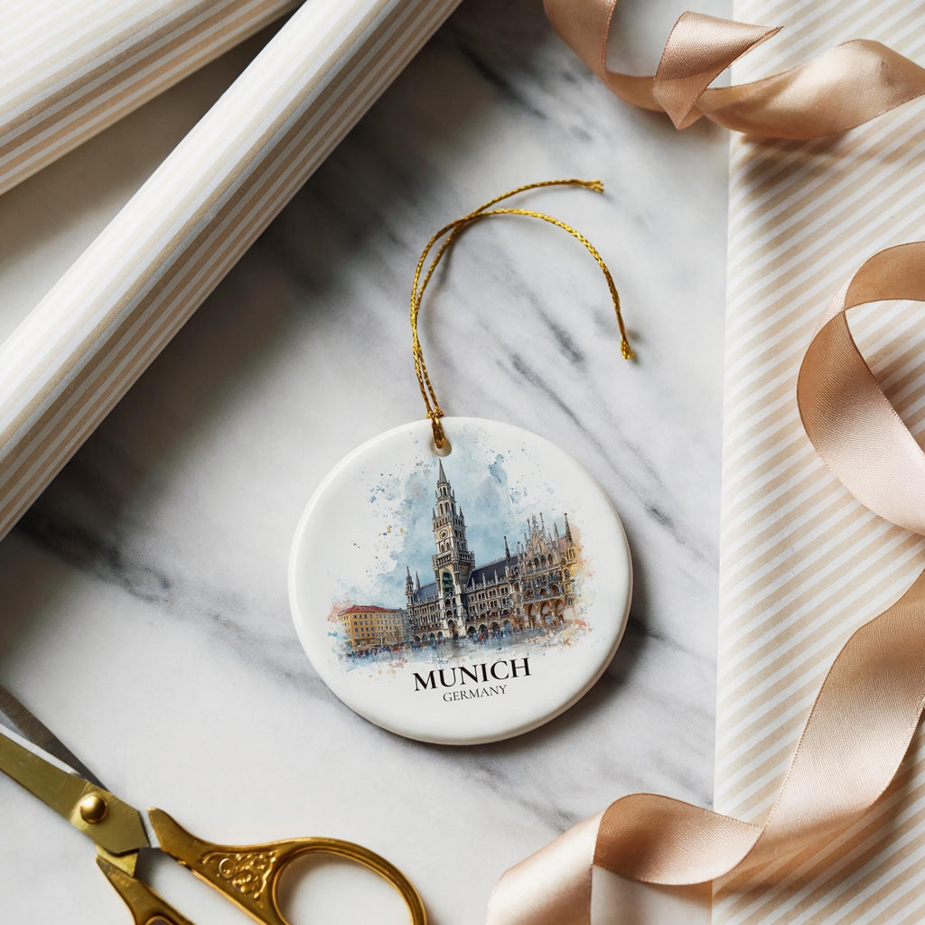 Munich Germany Personalized Watercolor Ornament, Custom Ceramic Christmas gift, Travel Keepsake - CuteBeePix