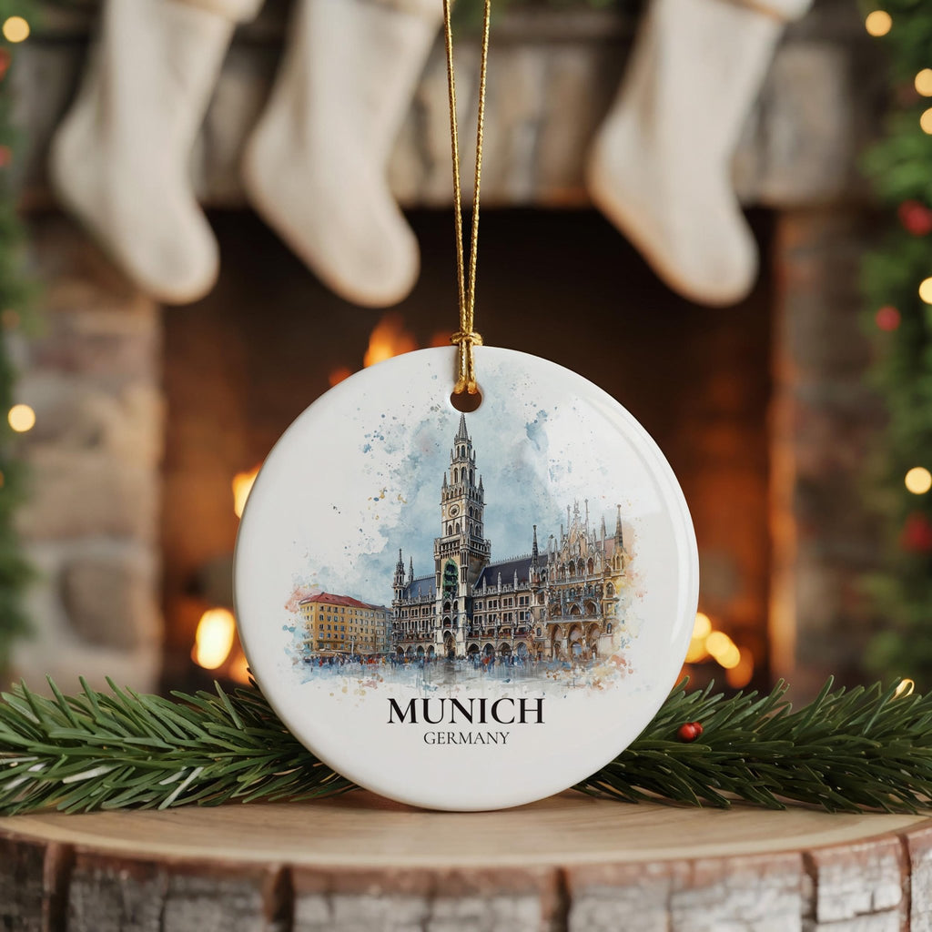 Munich Germany Personalized Watercolor Ornament, Custom Ceramic Christmas gift, Travel Keepsake - CuteBeePix