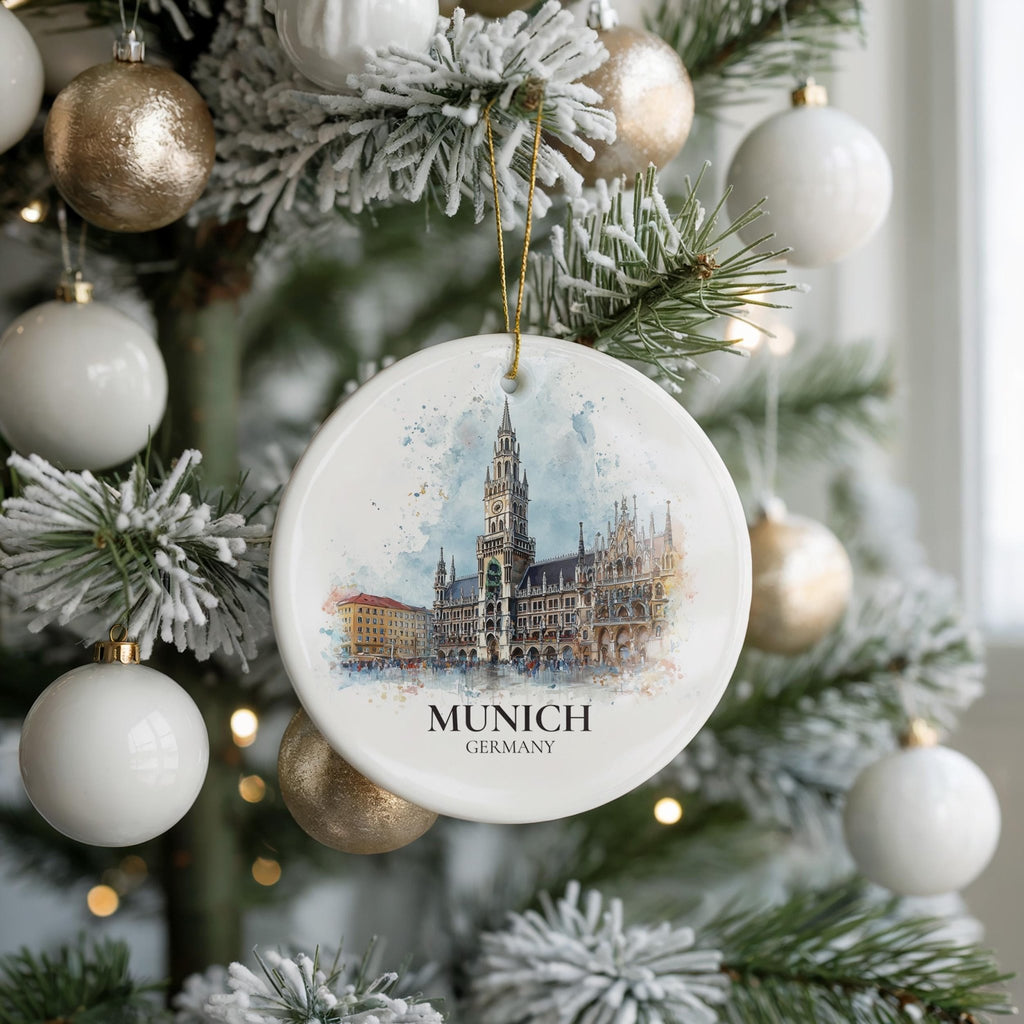 Munich Germany Personalized Watercolor Ornament, Custom Ceramic Christmas gift, Travel Keepsake - CuteBeePix