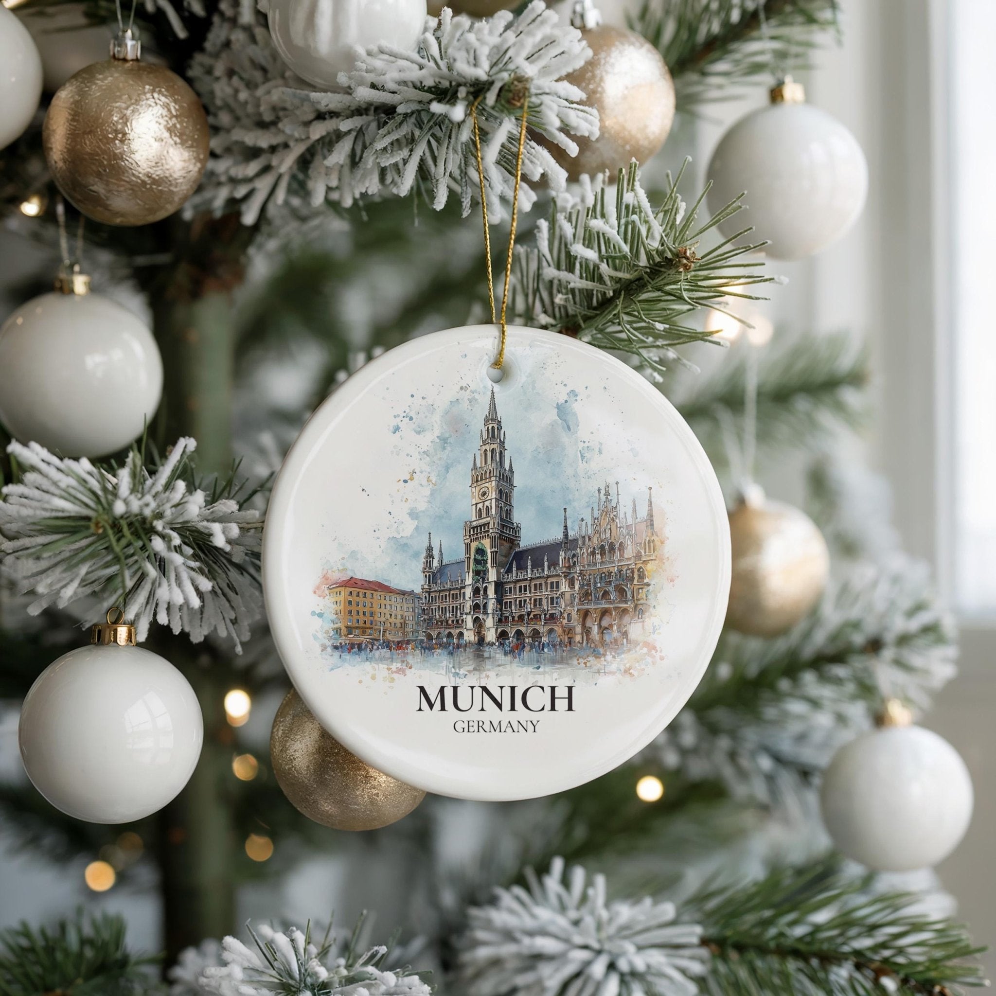 Munich Germany Personalized Watercolor Ornament, Custom Ceramic Christmas gift, Travel Keepsake - CuteBeePix