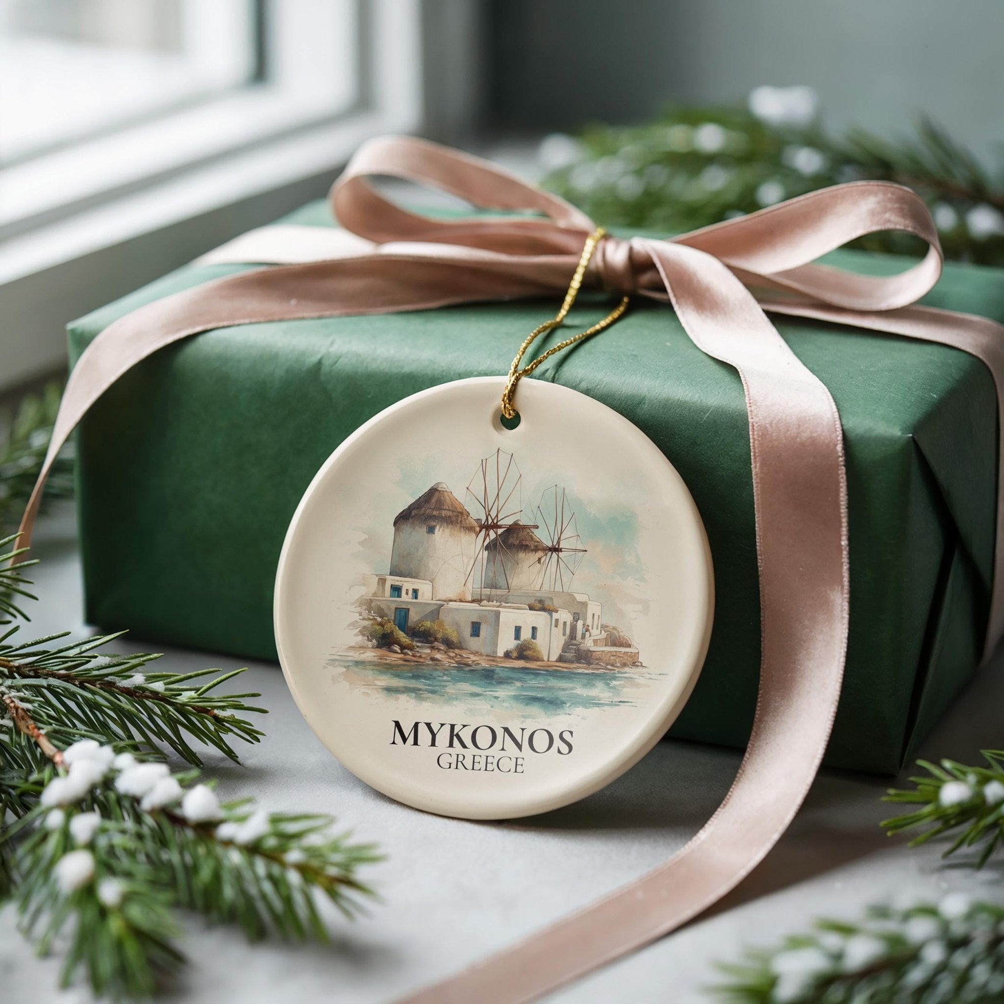 Mykonos Greece Custom Watercolor Ornament, Personalized Ceramic Christmas gift, Travel Keepsake - CuteBeePix