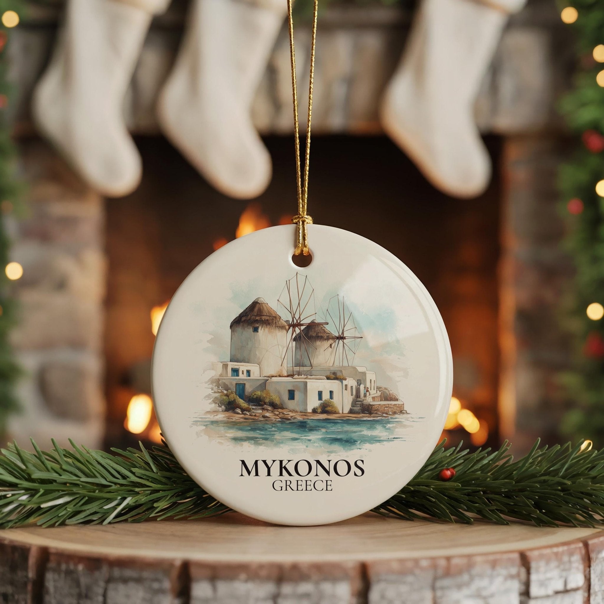 Mykonos Greece Custom Watercolor Ornament, Personalized Ceramic Christmas gift, Travel Keepsake - CuteBeePix