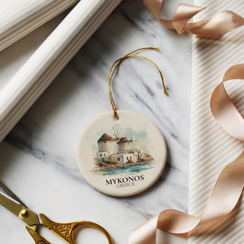 Mykonos Greece Custom Watercolor Ornament, Personalized Ceramic Christmas gift, Travel Keepsake - CuteBeePix