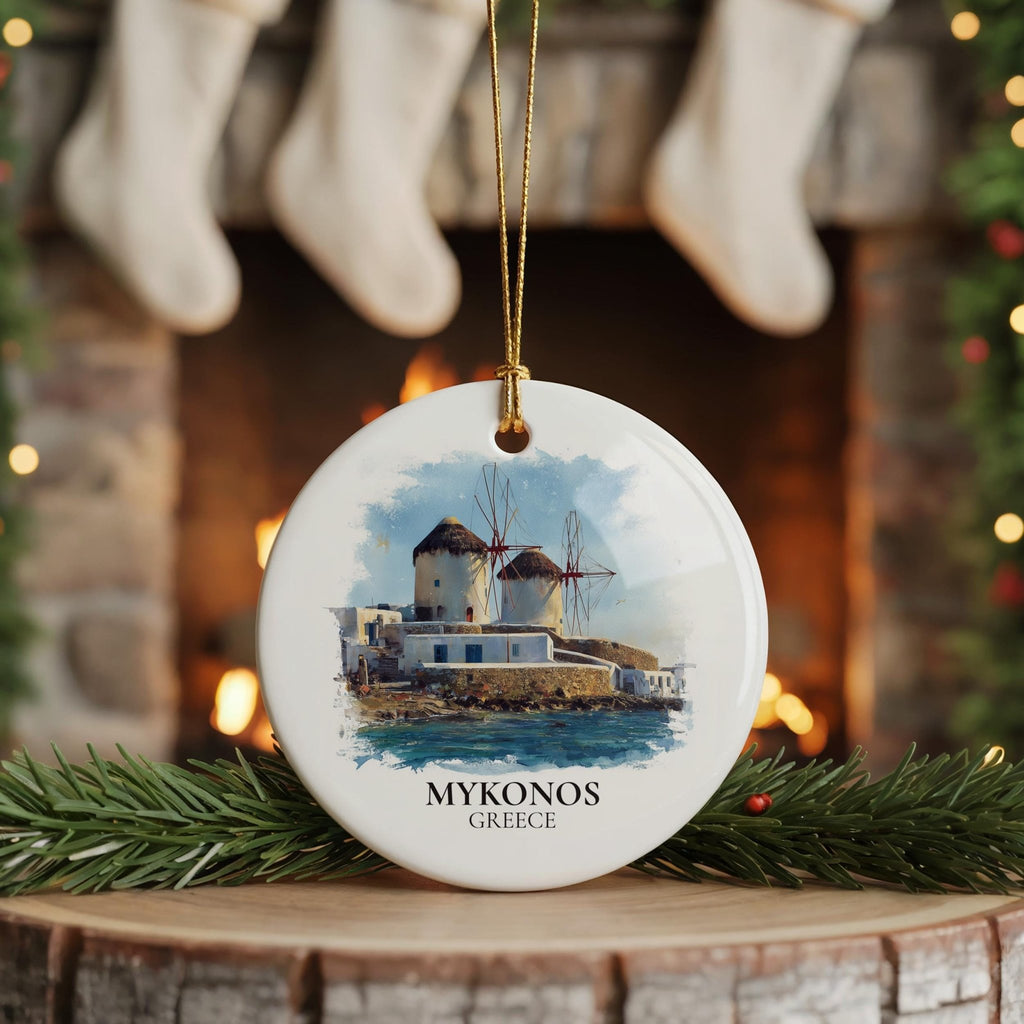 Mykonos Greece Personalized Watercolor Ornament, Custom Ceramic Christmas gift, Travel Keepsake - CuteBeePix