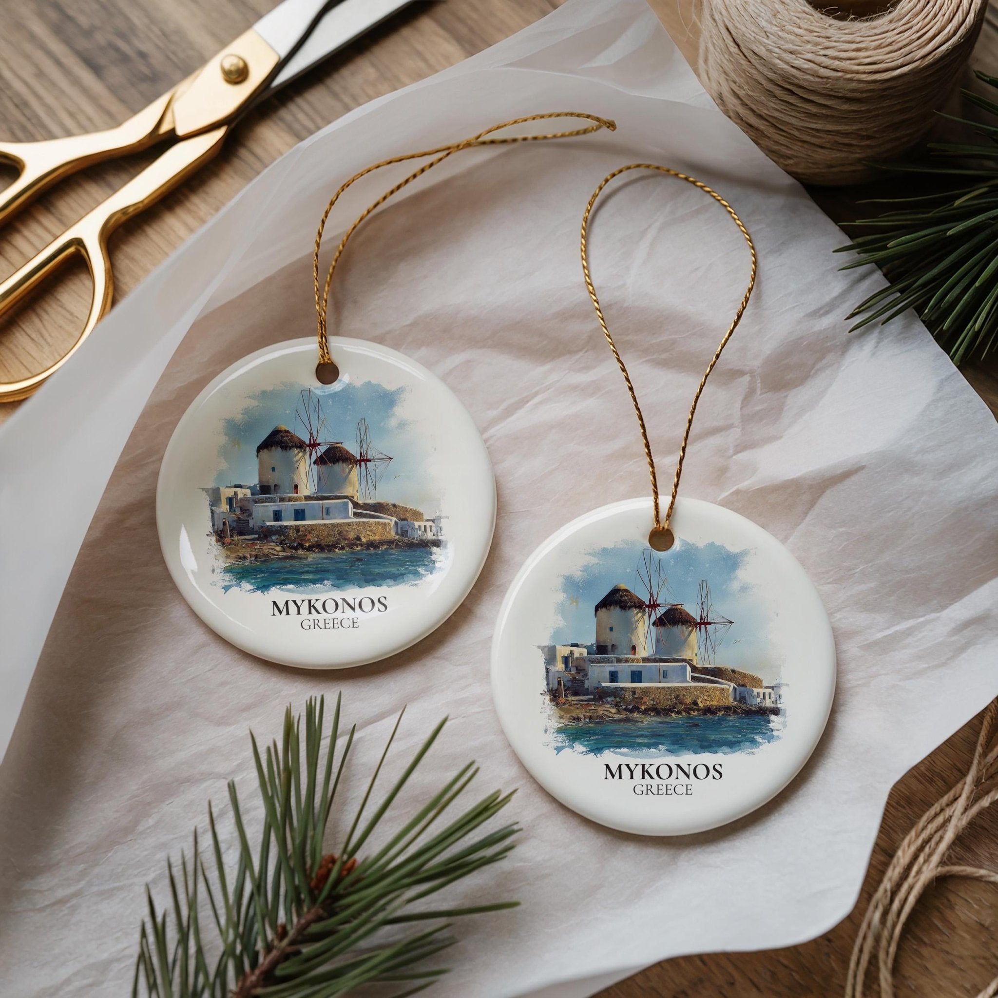 Mykonos Greece Personalized Watercolor Ornament, Custom Ceramic Christmas gift, Travel Keepsake - CuteBeePix