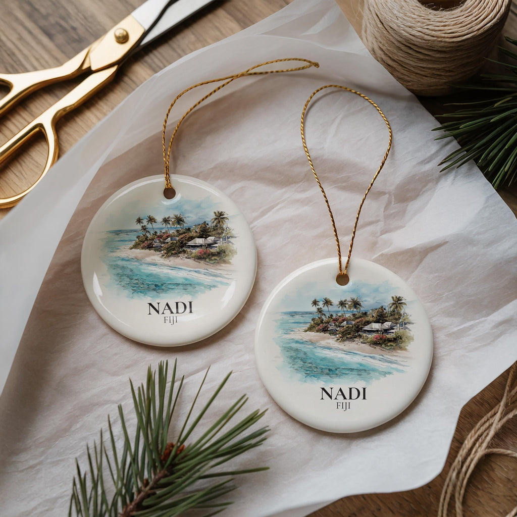 Nadi Fiji Personalized Watercolor Ornament, Custom Ceramic Christmas gift, Travel Keepsake - CuteBeePix
