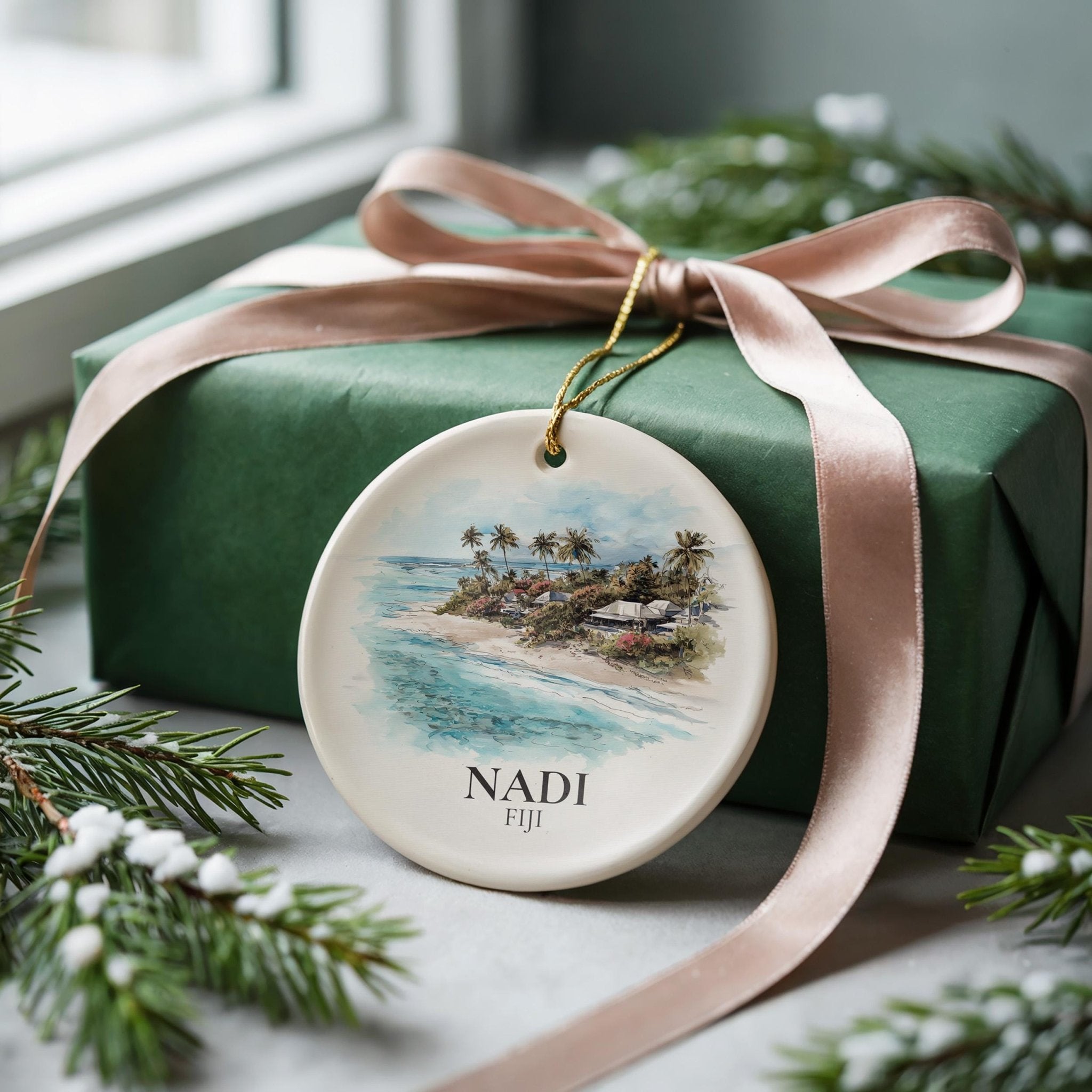 Nadi Fiji Personalized Watercolor Ornament, Custom Ceramic Christmas gift, Travel Keepsake - CuteBeePix