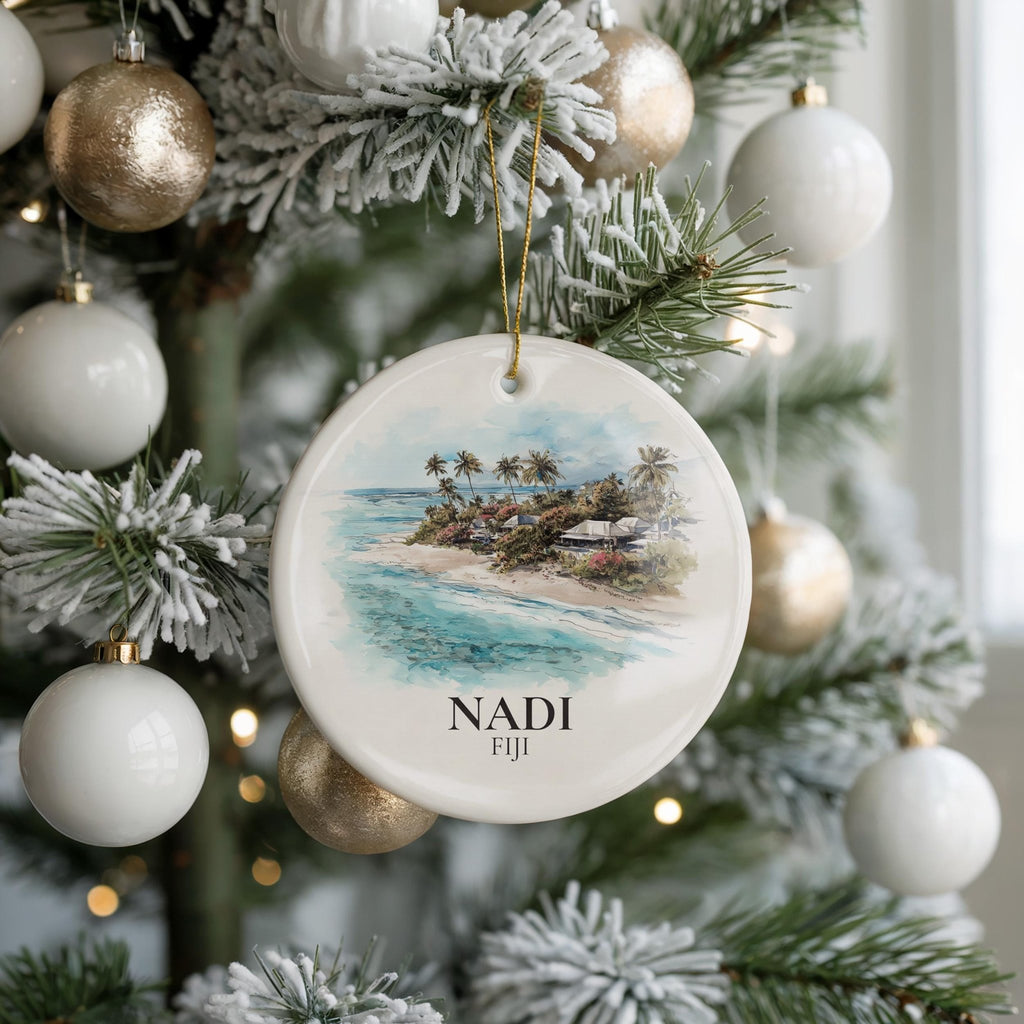 Nadi Fiji Personalized Watercolor Ornament, Custom Ceramic Christmas gift, Travel Keepsake - CuteBeePix