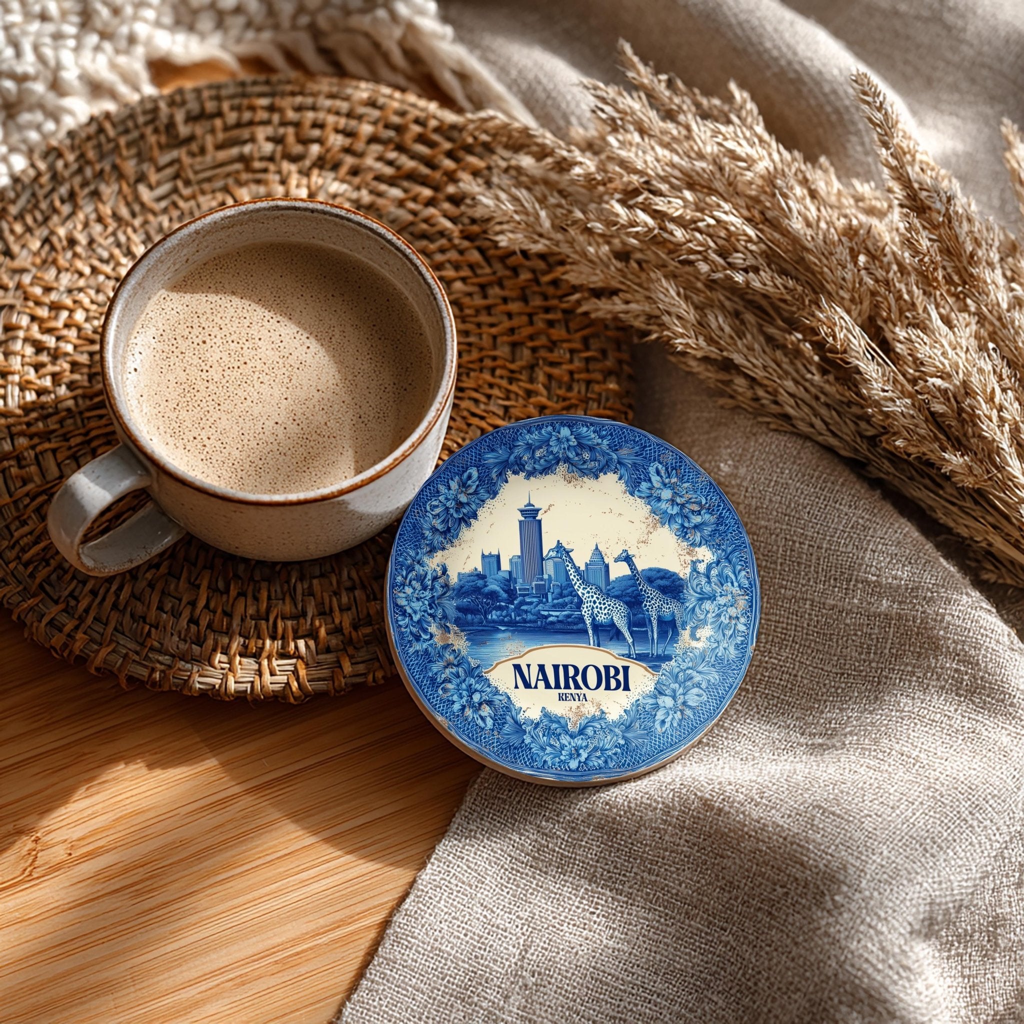Nairobi Kenya Delftware Ceramic Coaster, Blue White Travel Gift, Vintage Home Decor Collectible - CuteBeePix