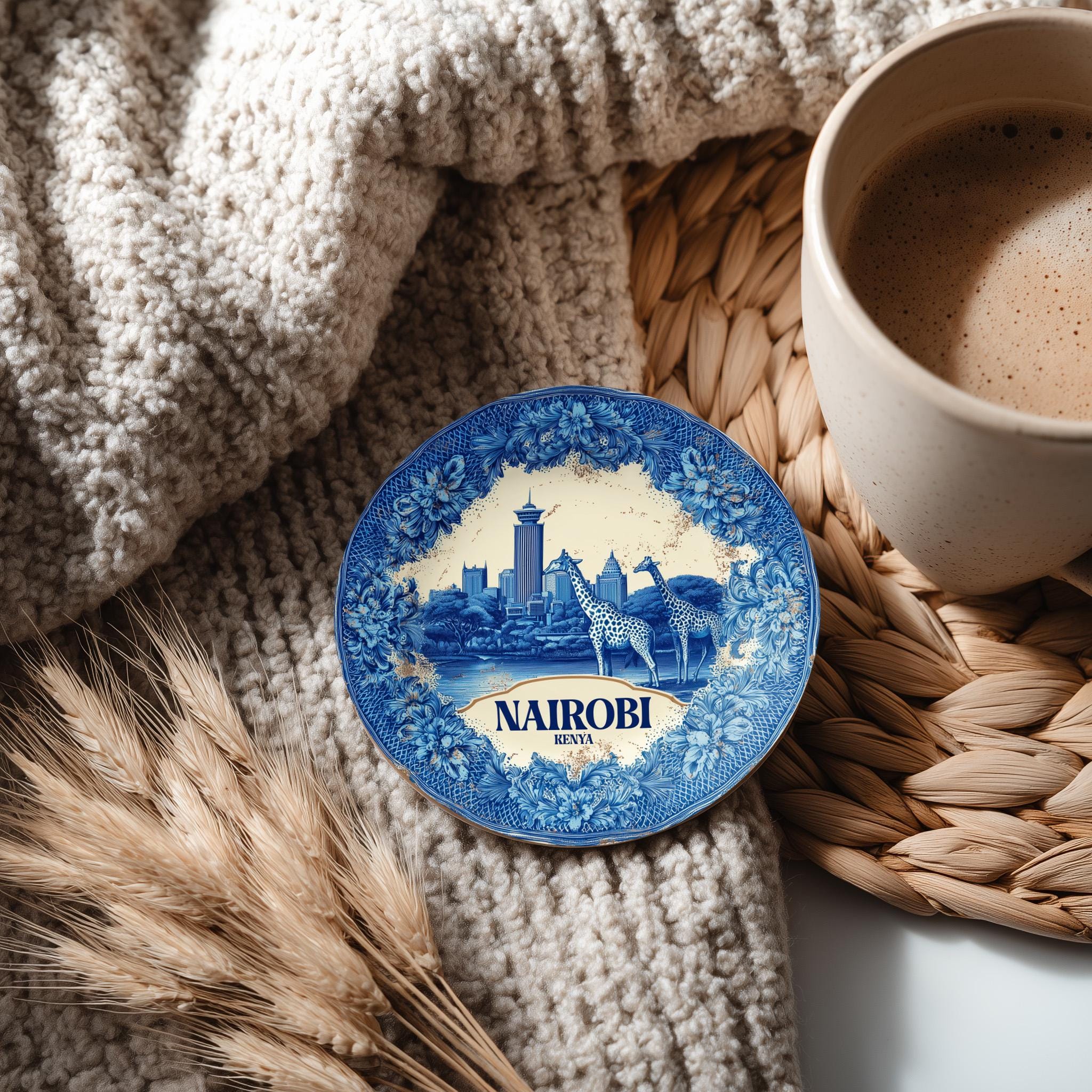 Nairobi Kenya Delftware Ceramic Coaster, Blue White Travel Gift, Vintage Home Decor Collectible - CuteBeePix