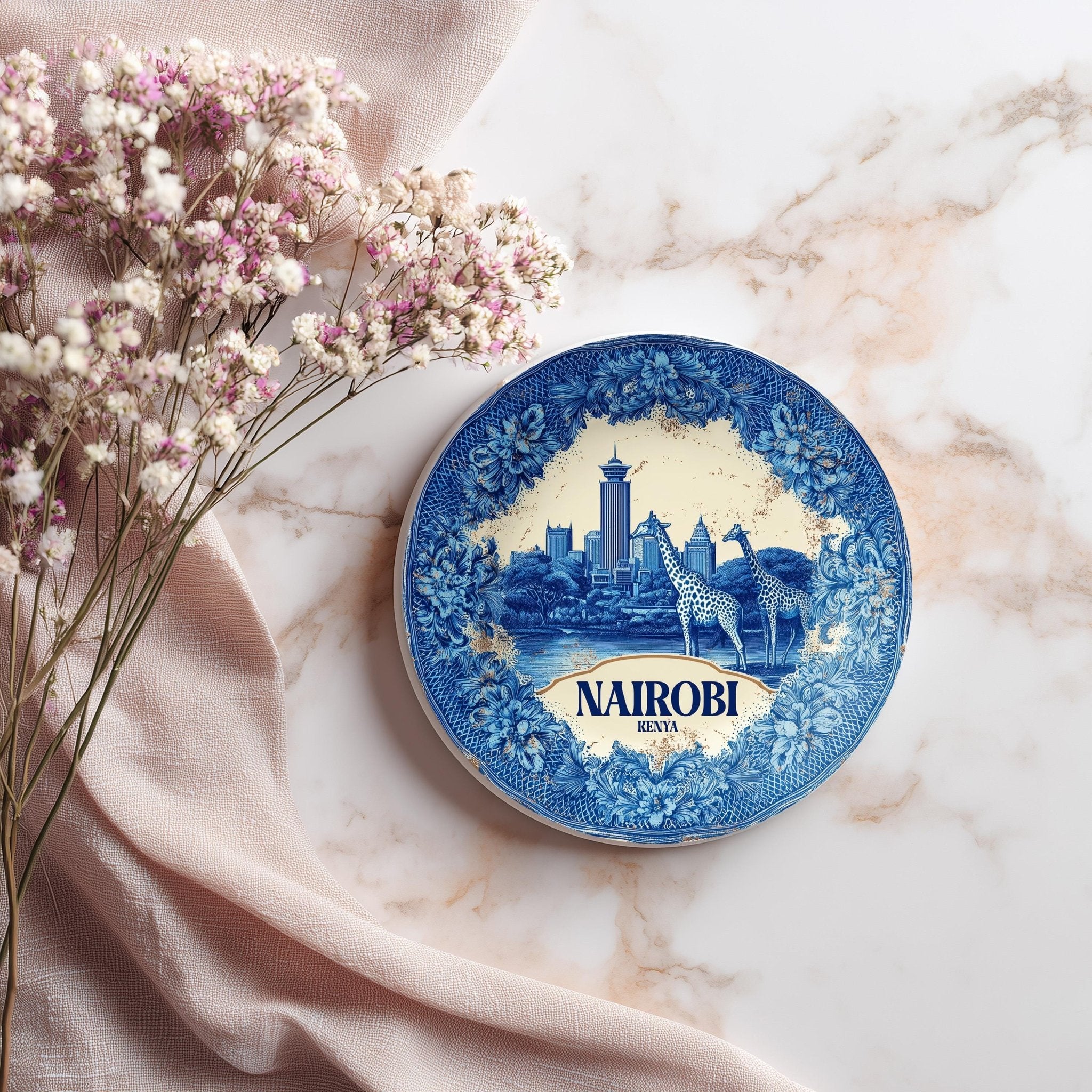 Nairobi Kenya Delftware Ceramic Coaster, Blue White Travel Gift, Vintage Home Decor Collectible - CuteBeePix