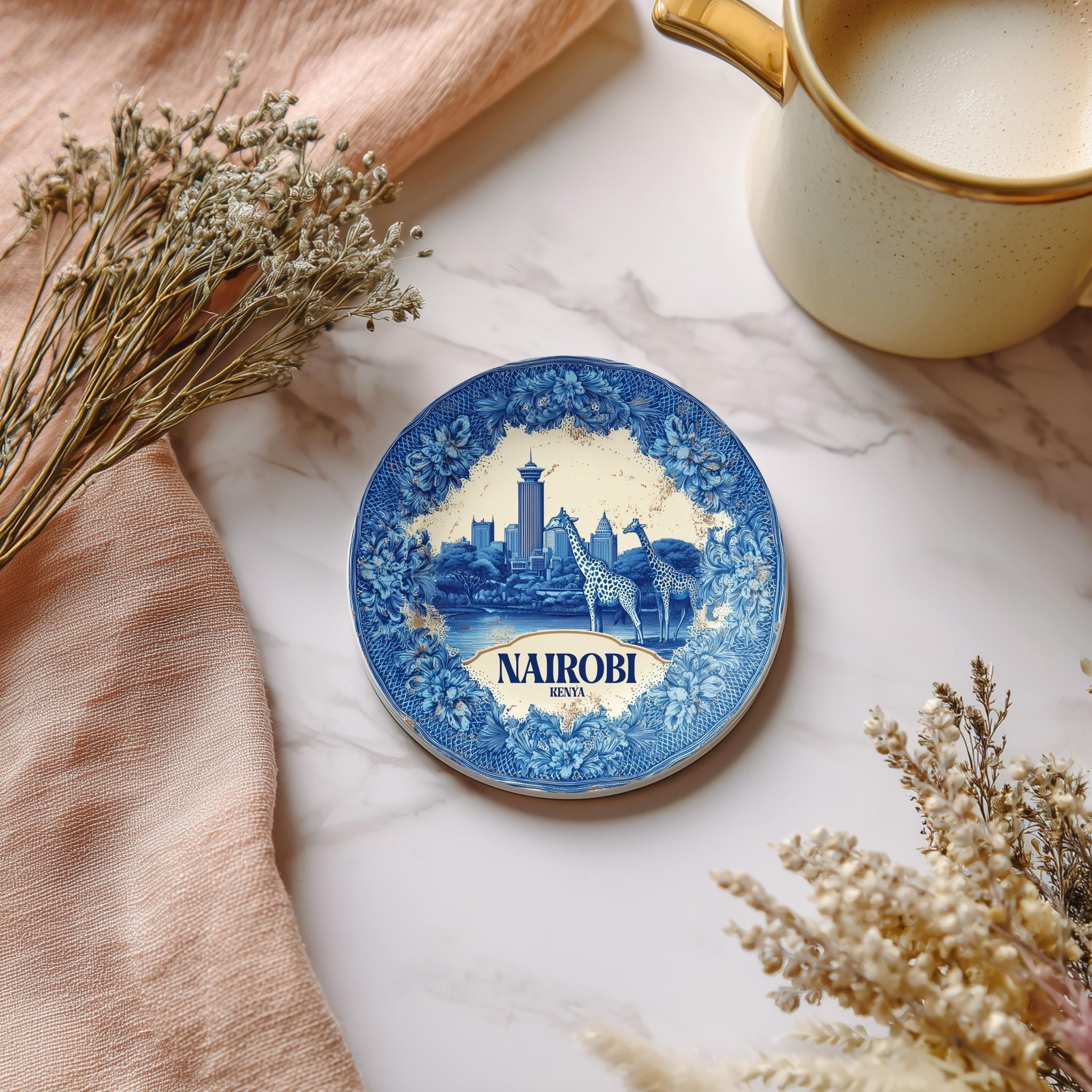 Nairobi Kenya Delftware Ceramic Coaster, Blue White Travel Gift, Vintage Home Decor Collectible - CuteBeePix