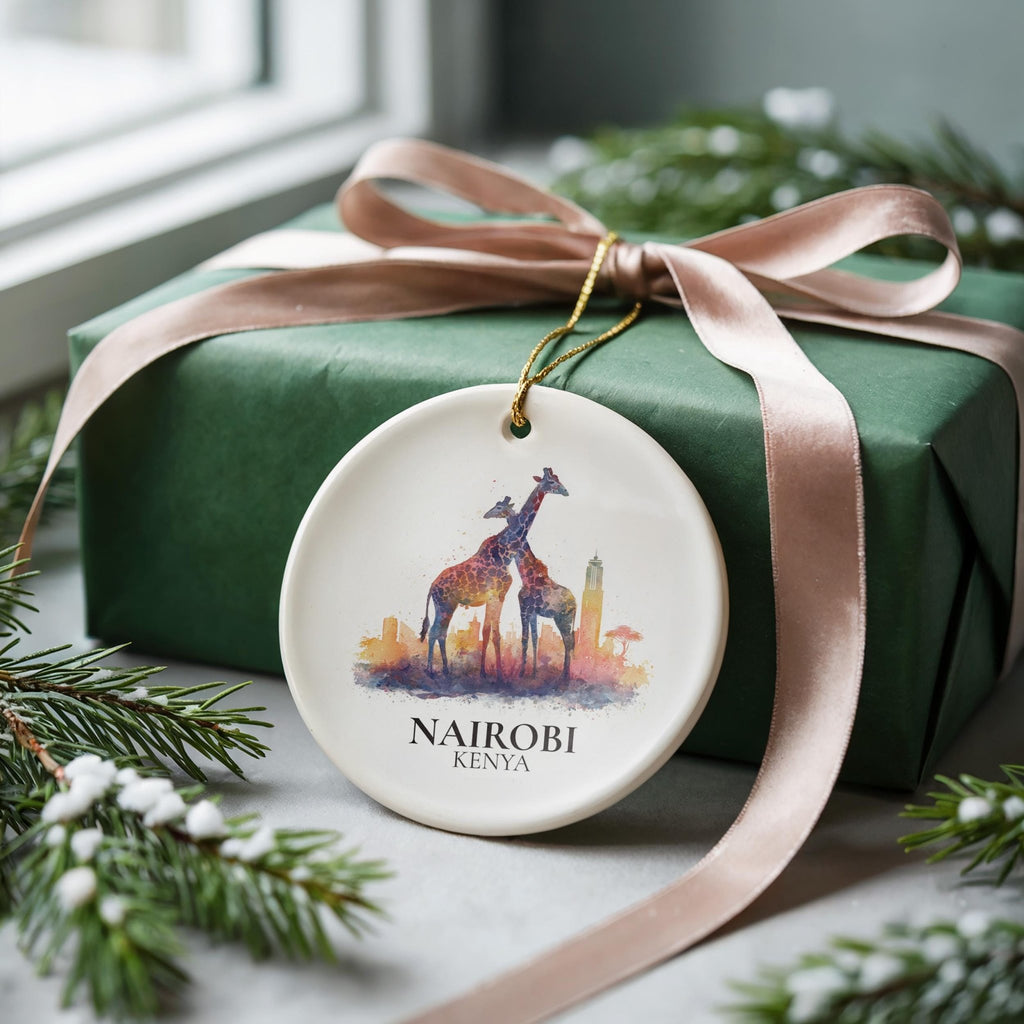Nairobi Kenya Personalized Watercolor Ornament, Custom Ceramic Christmas gift, Travel Keepsake - CuteBeePix