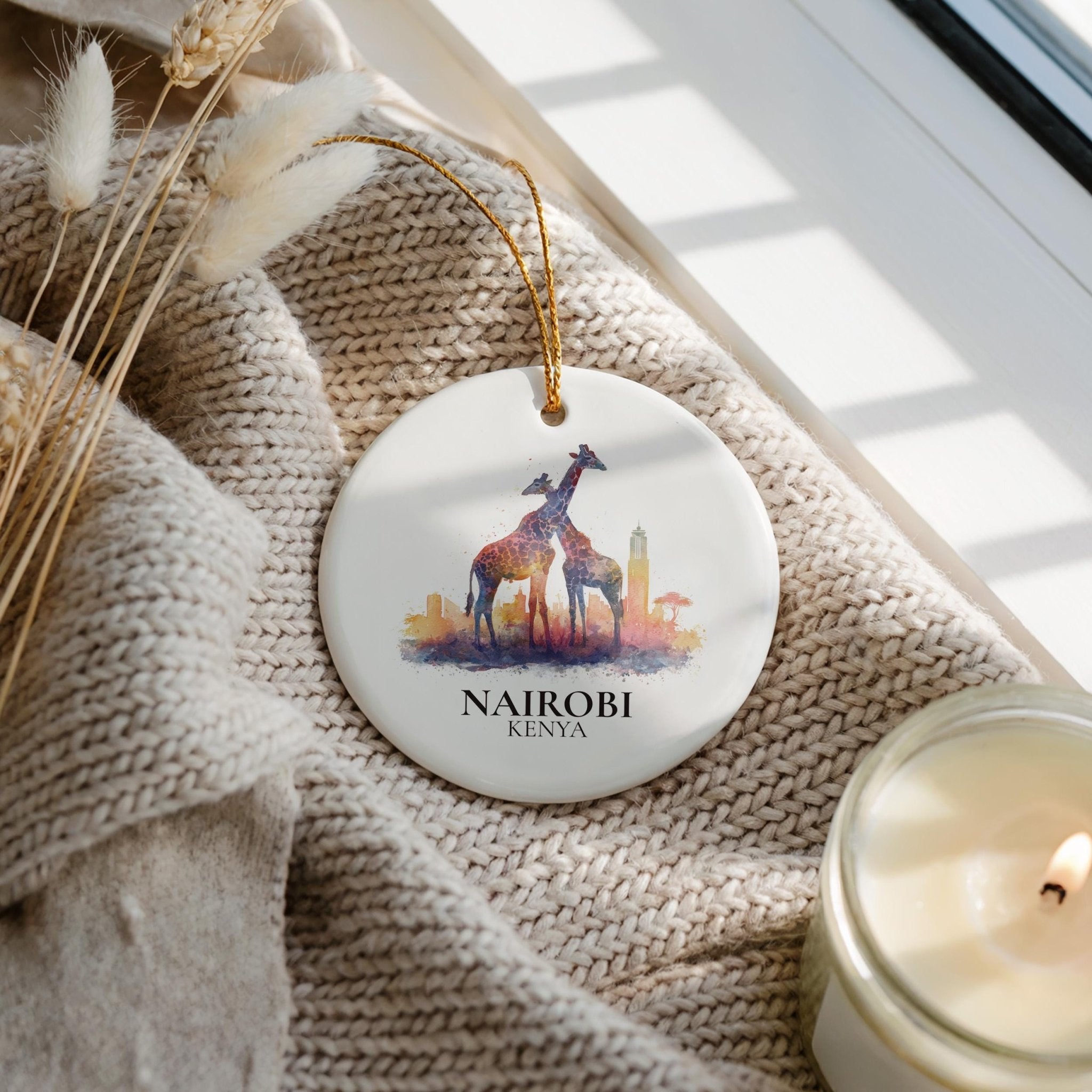 Nairobi Kenya Personalized Watercolor Ornament, Custom Ceramic Christmas gift, Travel Keepsake - CuteBeePix