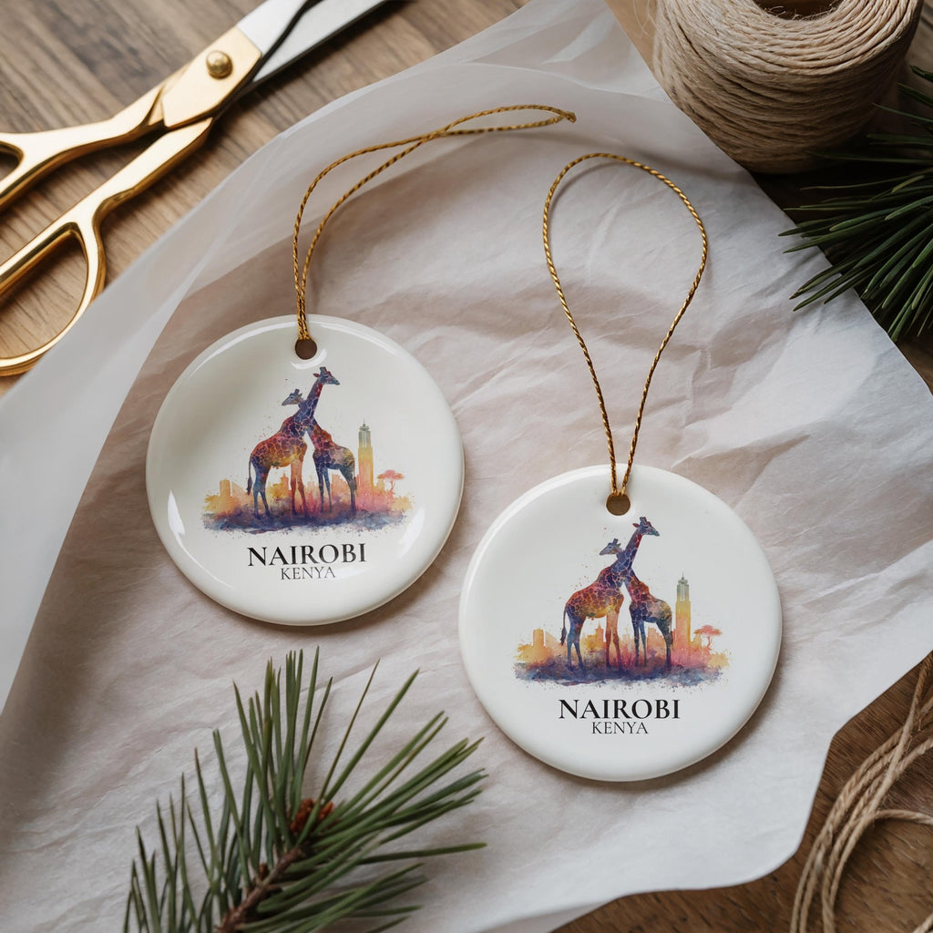 Nairobi Kenya Personalized Watercolor Ornament, Custom Ceramic Christmas gift, Travel Keepsake - CuteBeePix