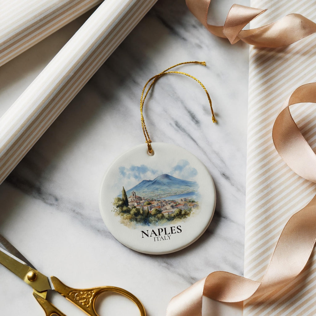 Naples Italy Personalized Watercolor Ornament, Custom Ceramic Christmas gift, Travel Keepsake - CuteBeePix