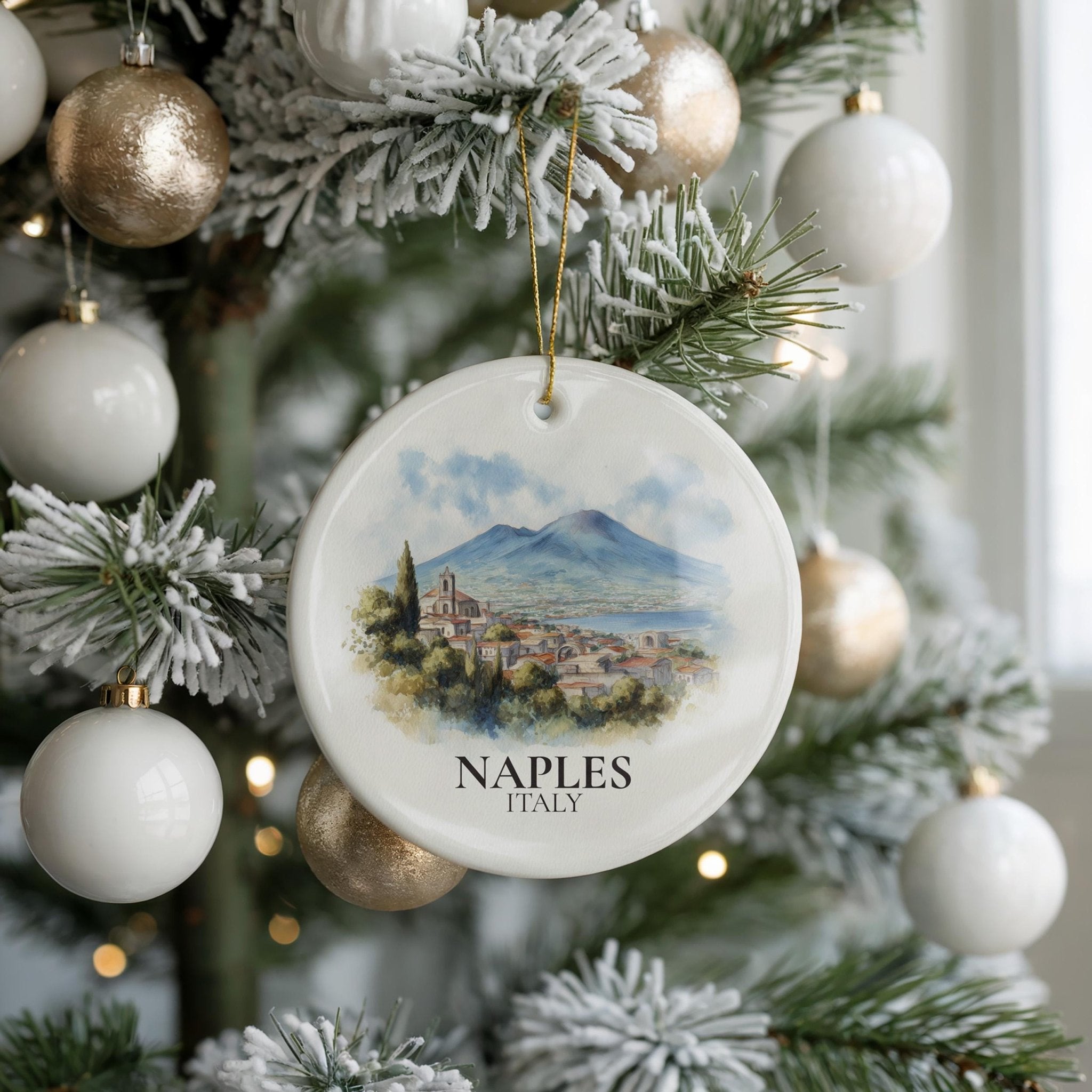 Naples Italy Personalized Watercolor Ornament, Custom Ceramic Christmas gift, Travel Keepsake - CuteBeePix