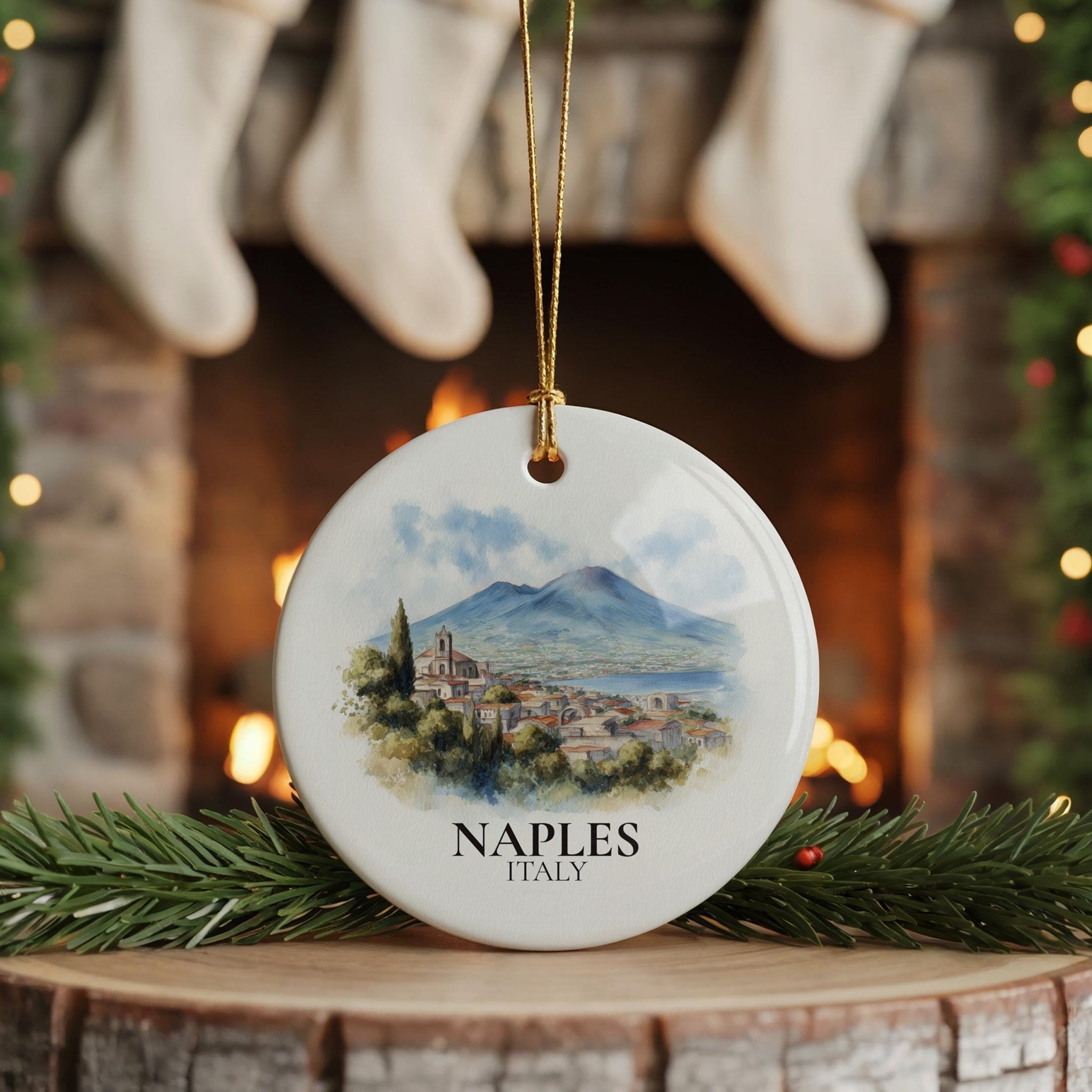 Naples Italy Personalized Watercolor Ornament, Custom Ceramic Christmas gift, Travel Keepsake - CuteBeePix