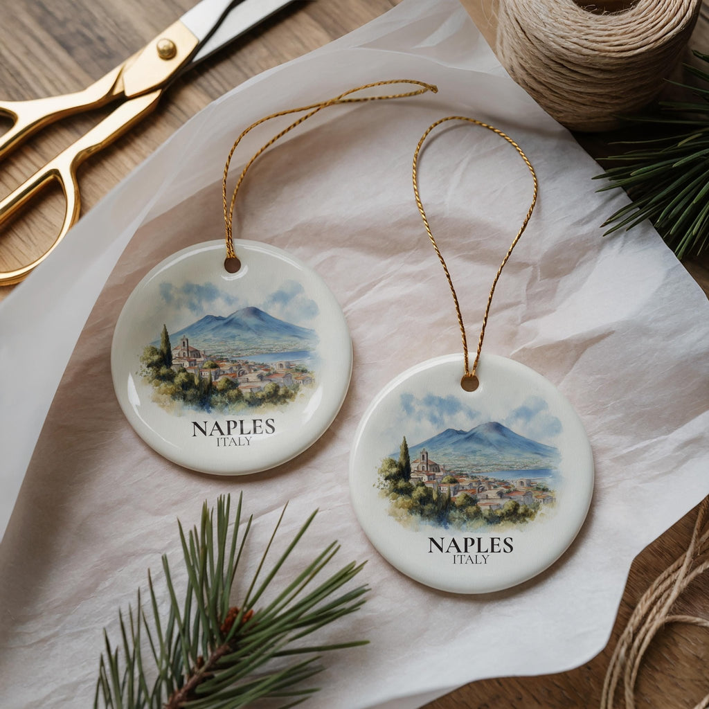 Naples Italy Personalized Watercolor Ornament, Custom Ceramic Christmas gift, Travel Keepsake - CuteBeePix